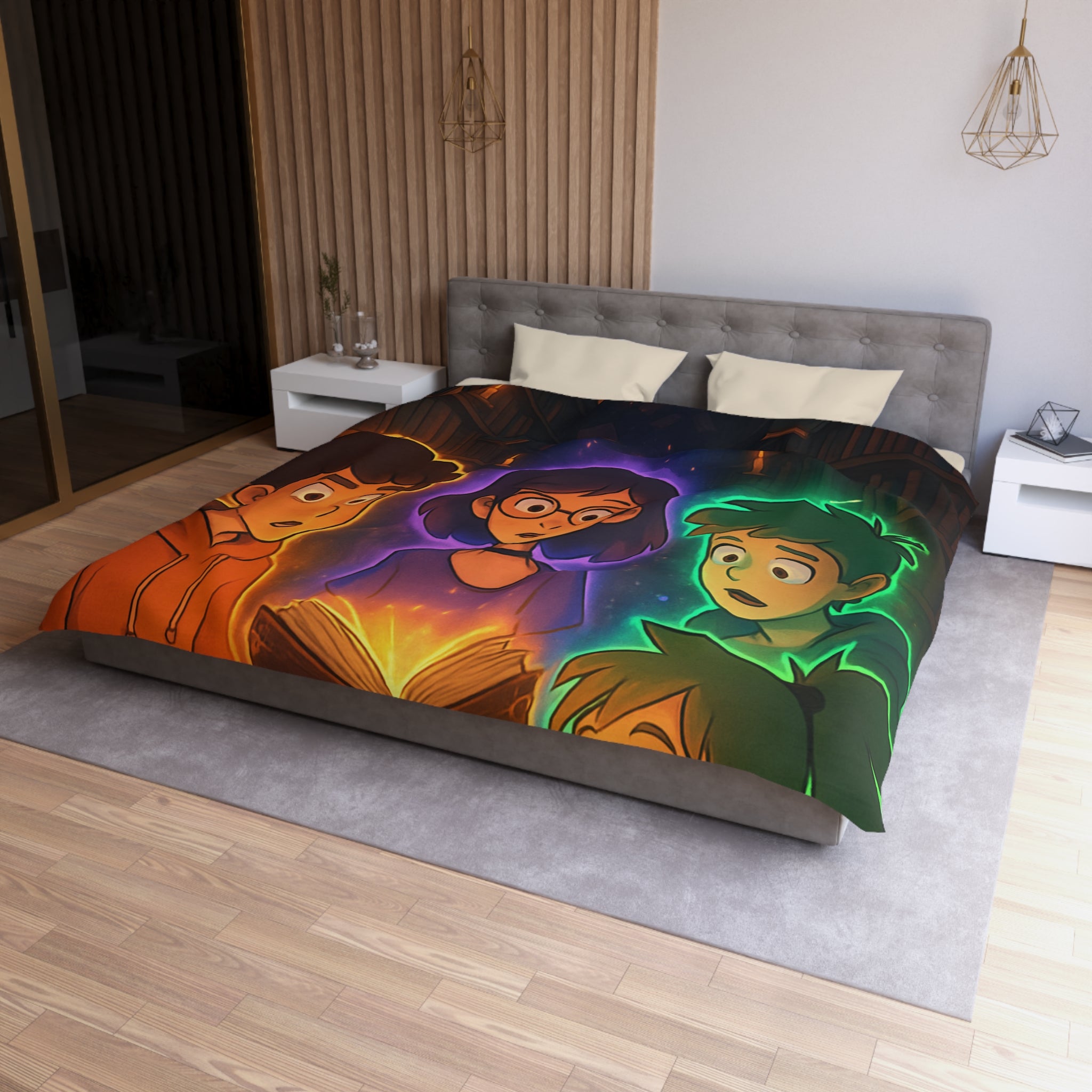 Housse de Couette Mystérieuse avec Enfants Découvrant Livre Magique dans Bibliothèque Enchantée