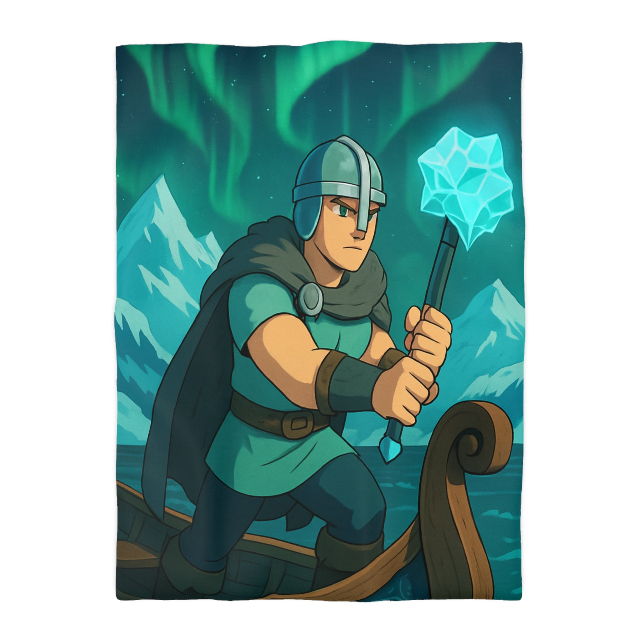 Housse de couette viking avec aurore boréale, bateau en bois et montagnes enneigées