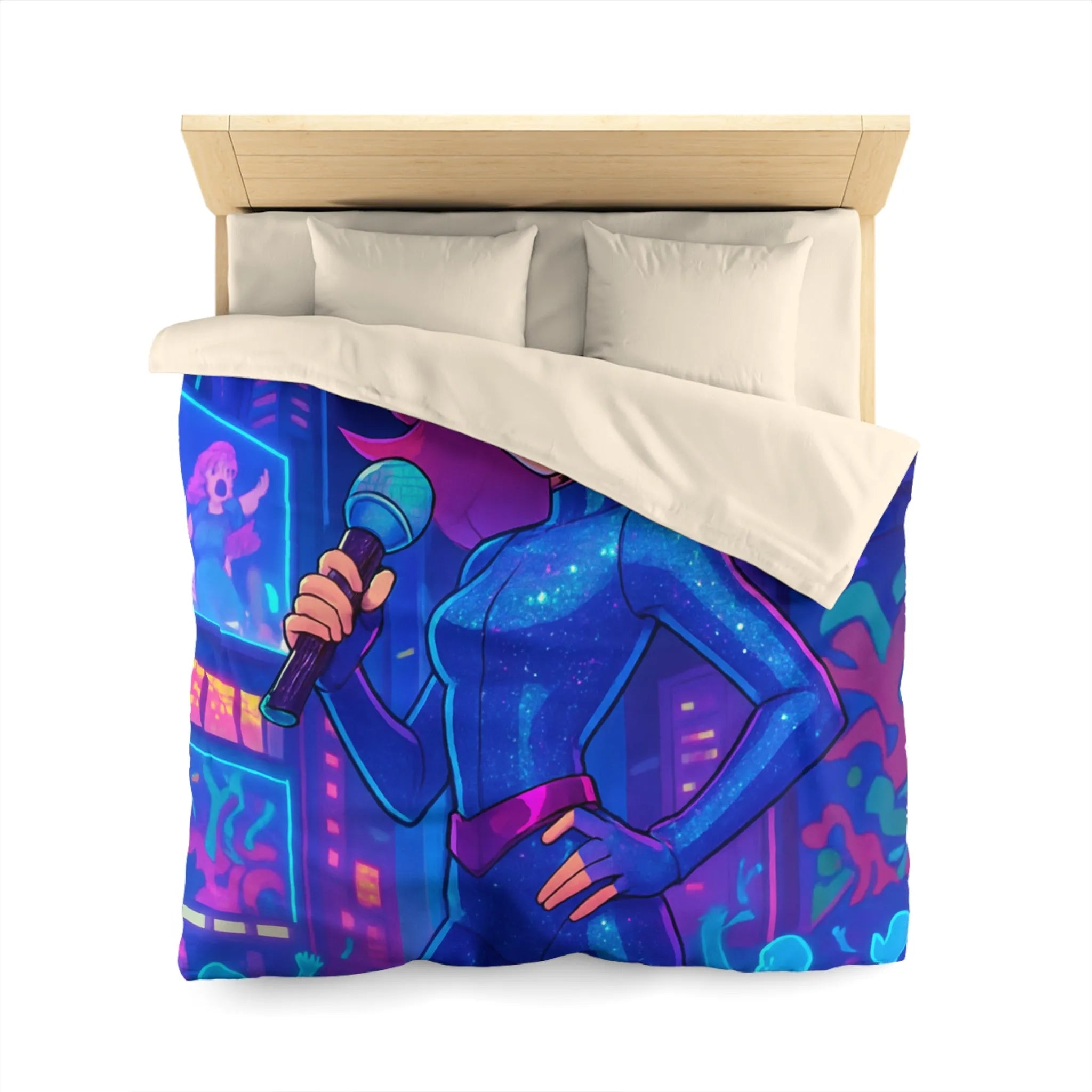 Housse de couette avec chanteuse animée en concert sur fond de ville illuminée