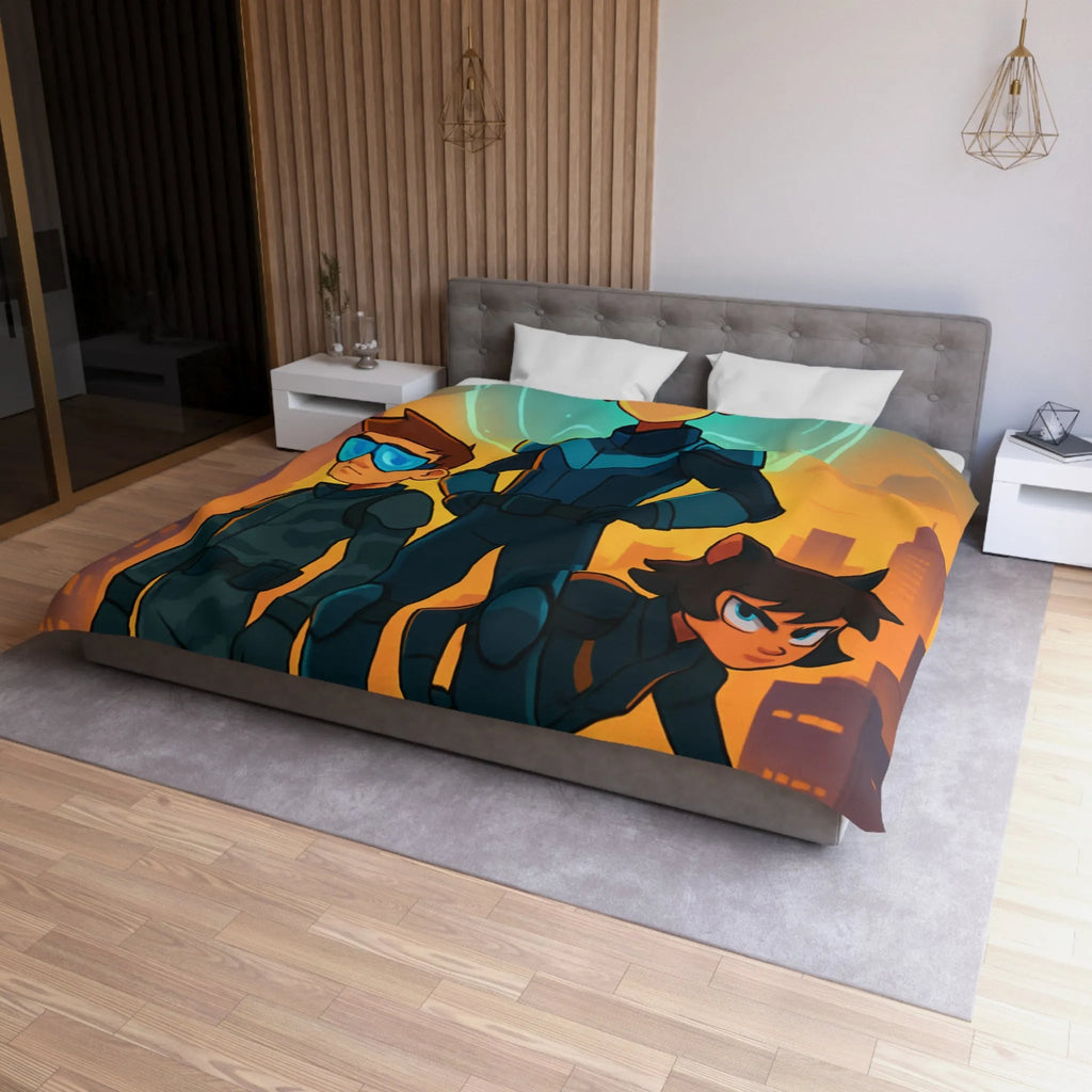 Ensemble d'aventure animé avec enfants héros sur fond urbain au crépuscule