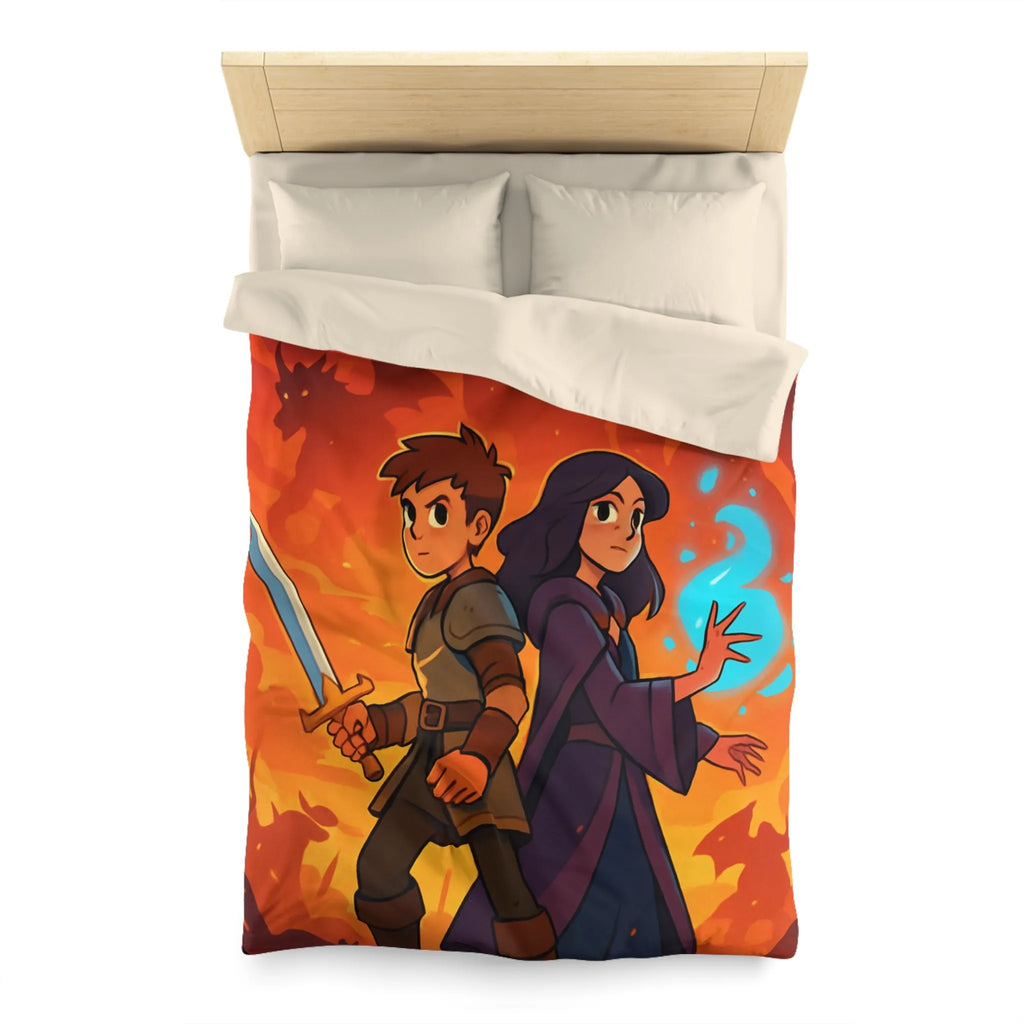 Housse de couette épique, jeunes aventuriers et dragons incandescents en fantaisie captivante