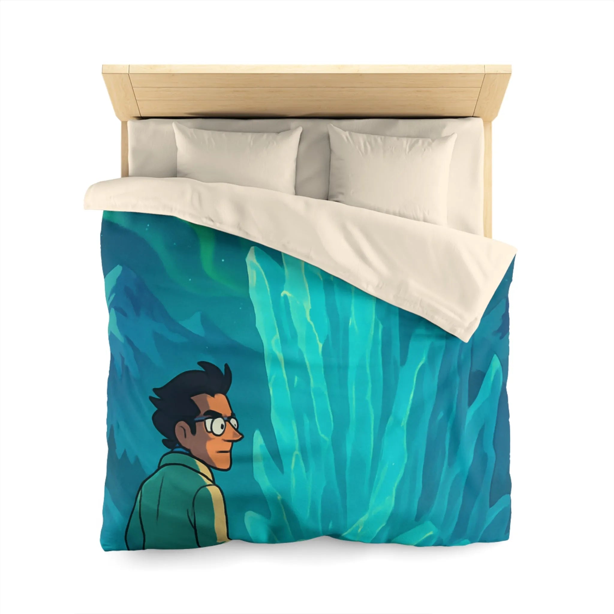 Décor polaire avec icebergs géants et exploration nocturne sous aurores boréales glaciales