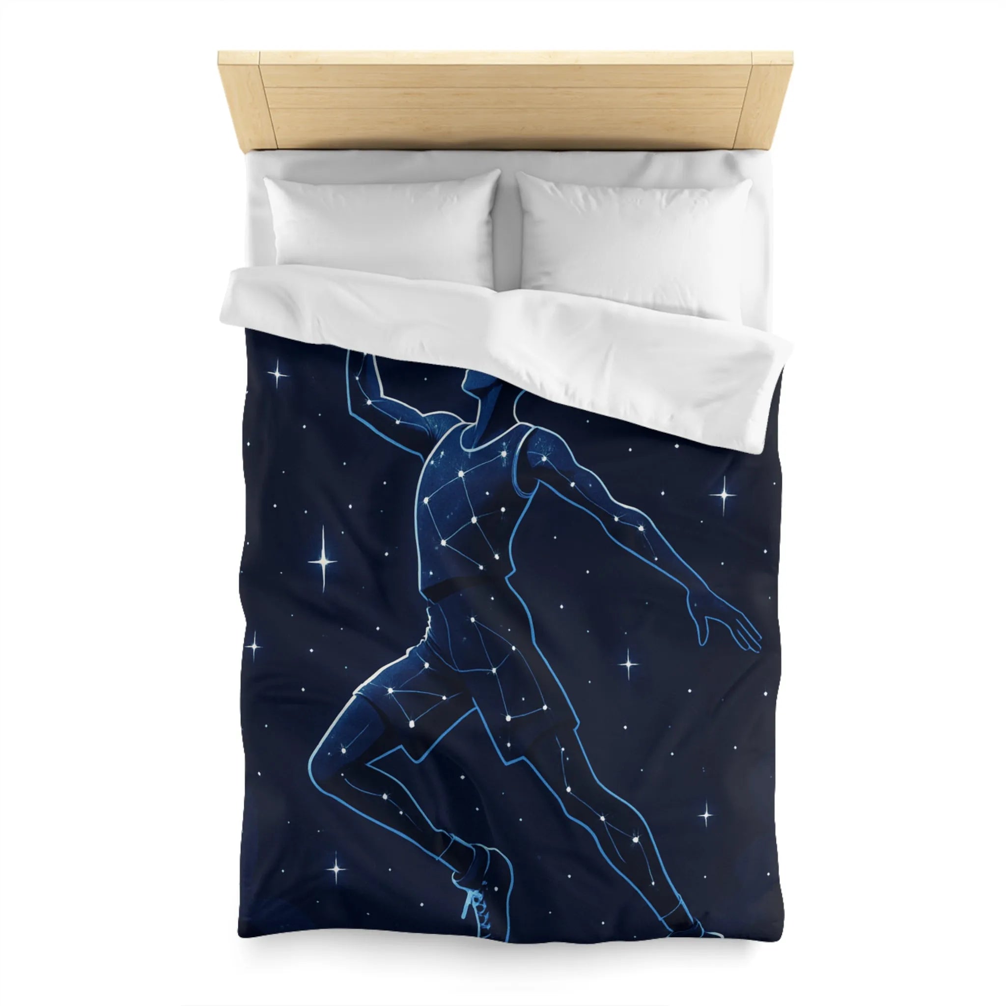 Housse de couette céleste étoilée avec silhouette de joueur de basketball en suspension