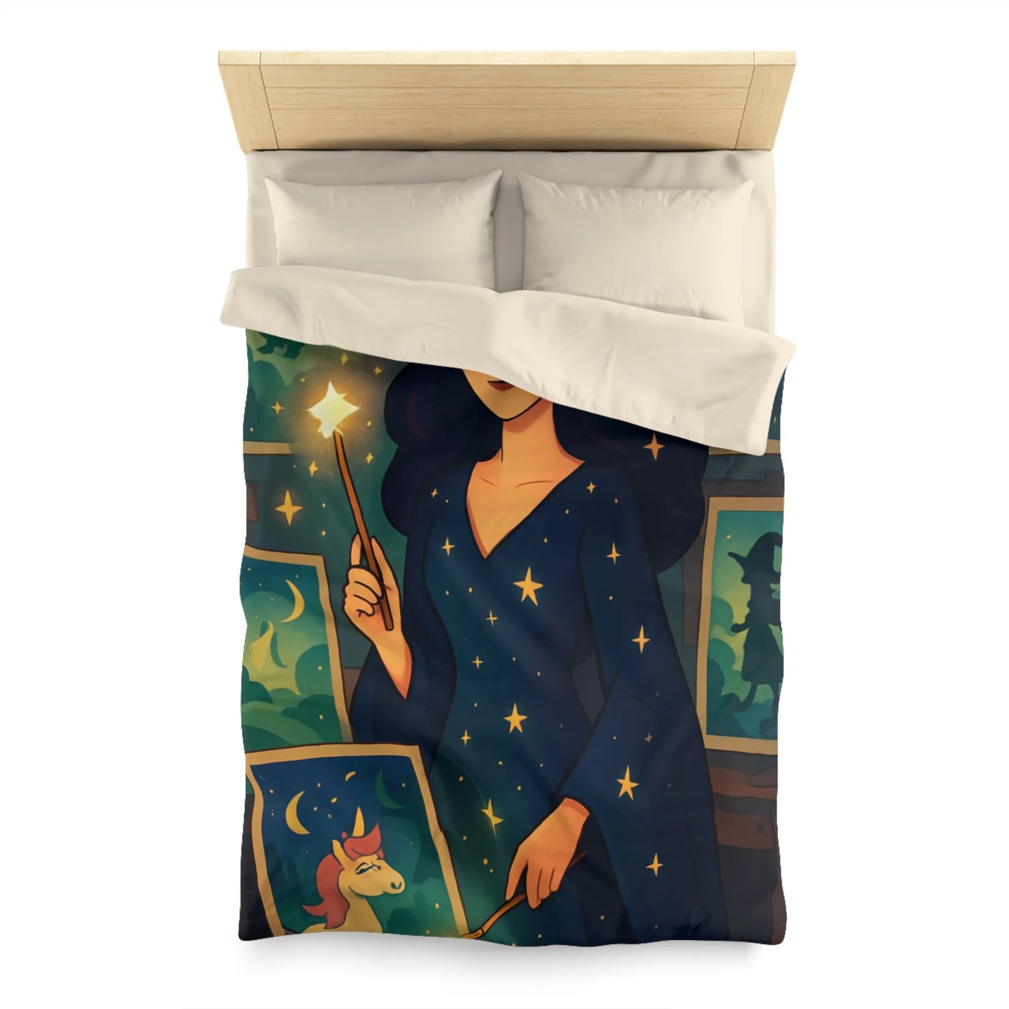 Housse de couette magique avec motif étoilé et créatures fantastiques pour chambre féérique