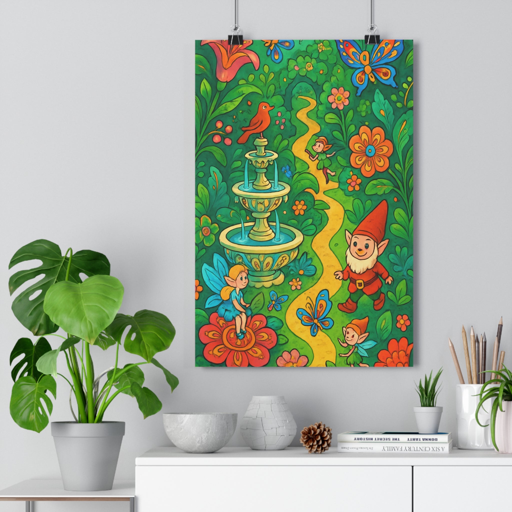 Poster décoratif coloriage jardin secret cartoon joyeux enfant chambre vert fleurs enchanté ambiance qualité