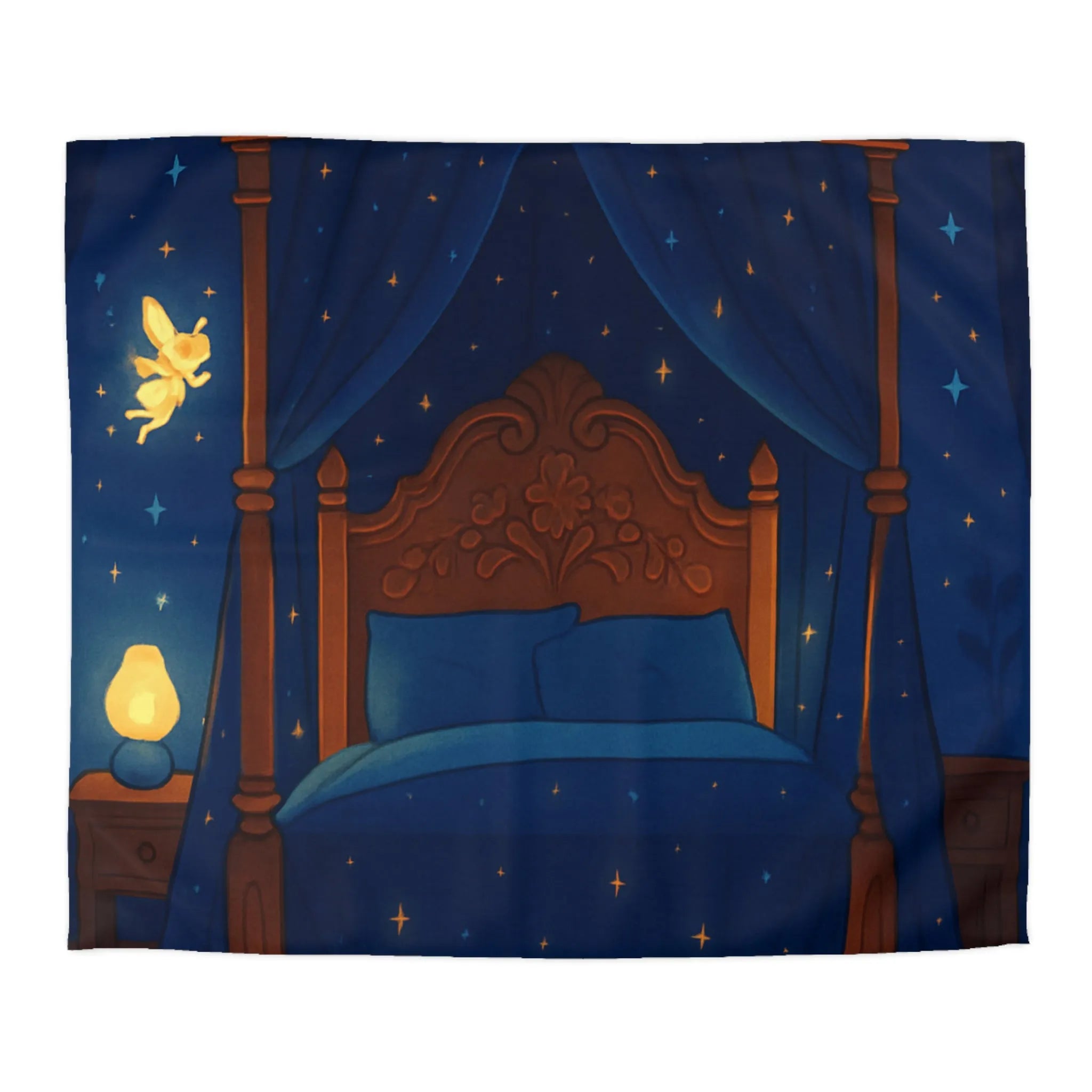 Housse de couette bleue étoilée avec fées et chat endormi, ambiance féérique