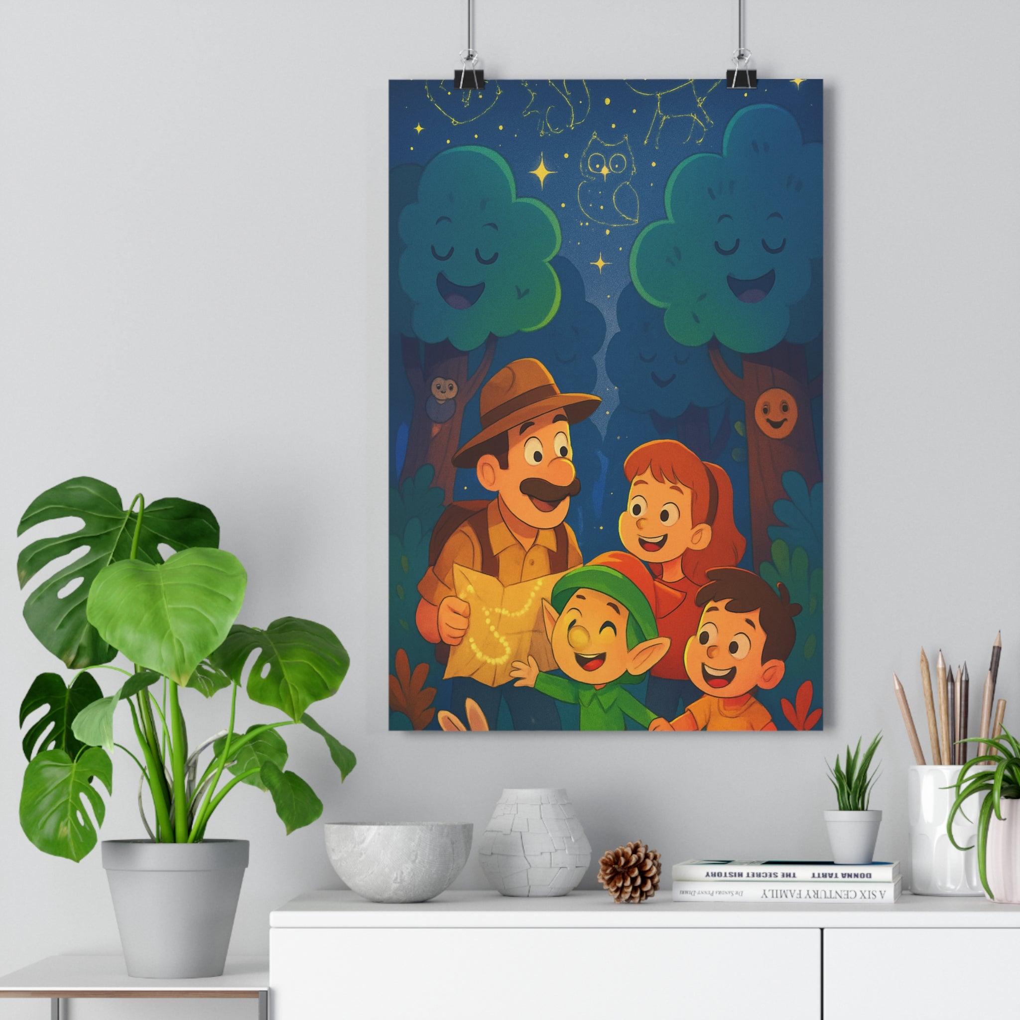 Poster décoratif aventure forêt enchantée joyeux mystique chambre enfant magique explorateur animaux lumineux étoiles