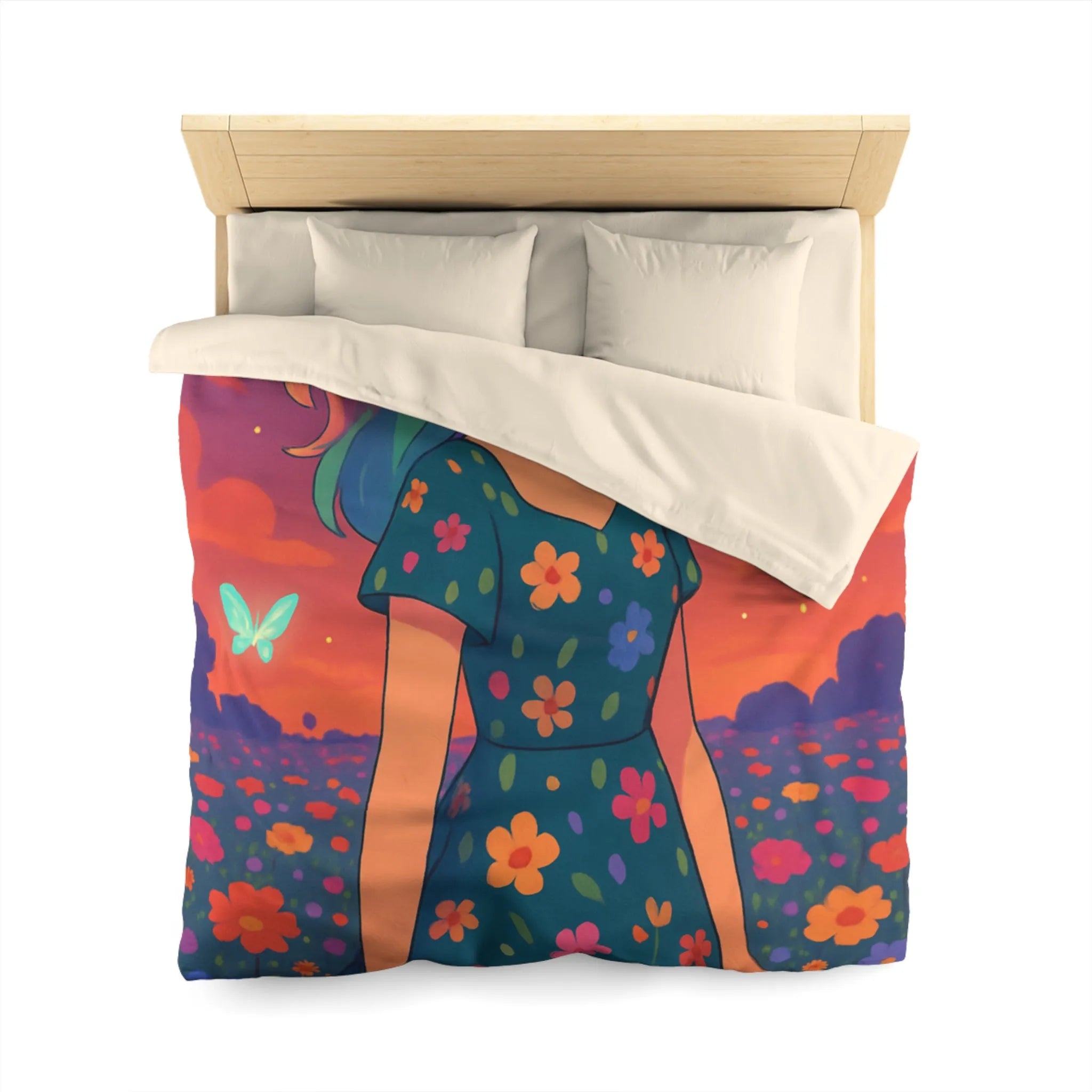 Housse de couette artistique avec fille et papillons dans champ fleuri vibrant