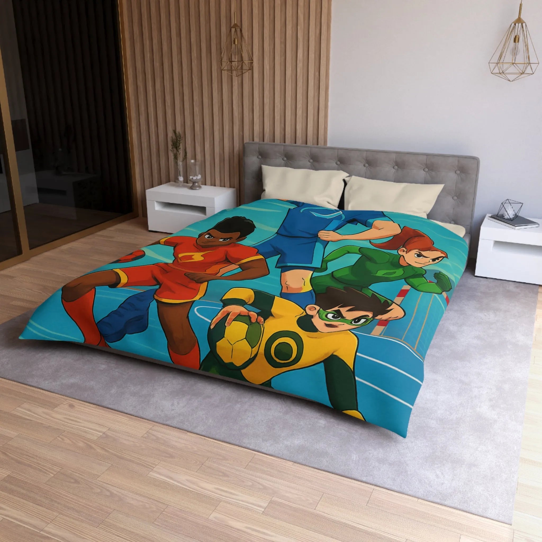 Housse de couette colorée super-héros, style bande dessinée sports, enfants aventure dynamique