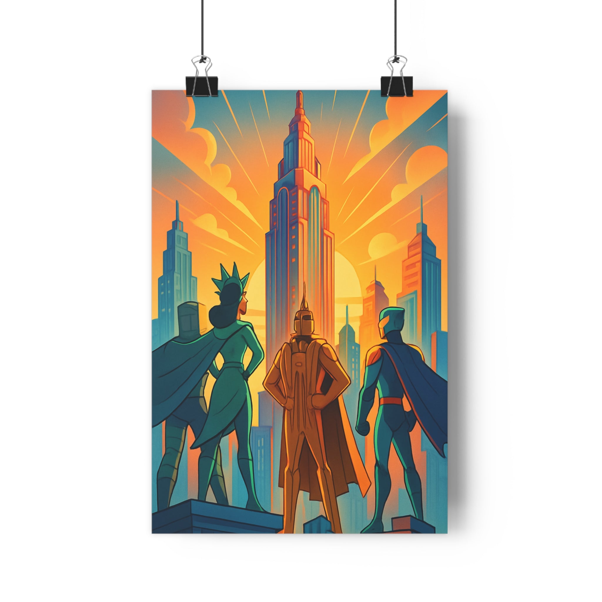 Poster décoratif vibrant superhéros orange bleu cartoon aventure skyline chambre salon design dynamique New