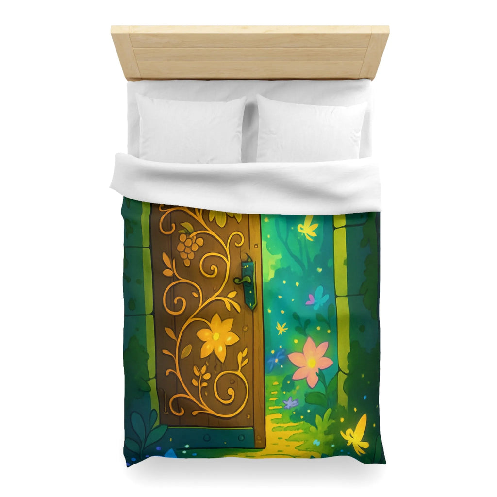 Housse de couette magique avec motif de porte mystique illuminée et papillons colorés