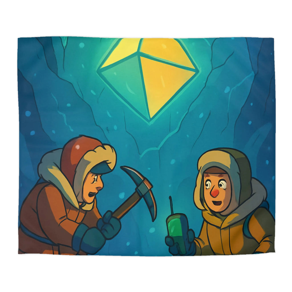 Explorez l'aventure polaire avec personnages découvrant joyau lumineux dans grotte mystérieuse