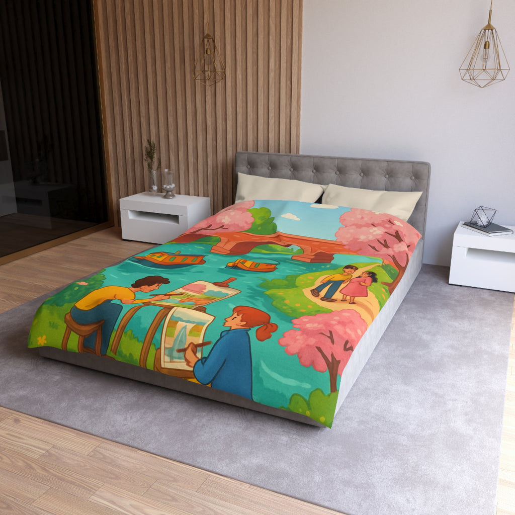 Housse de couette printemps campagne avec paysage pont, arbres en fleurs, artistes peignant