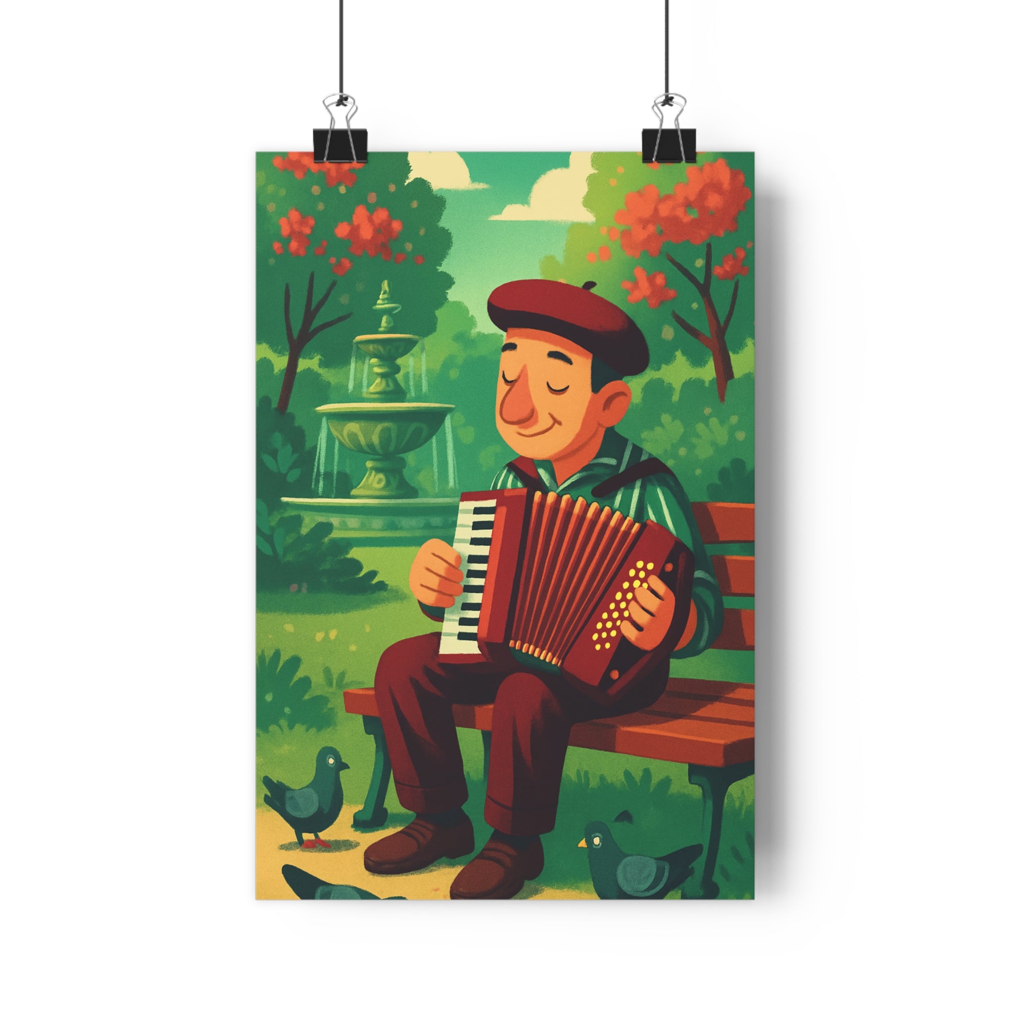 Poster décoratif animation douce couleurs printanières joyeuse salon détente parc accordéon verdure fleurs rouges