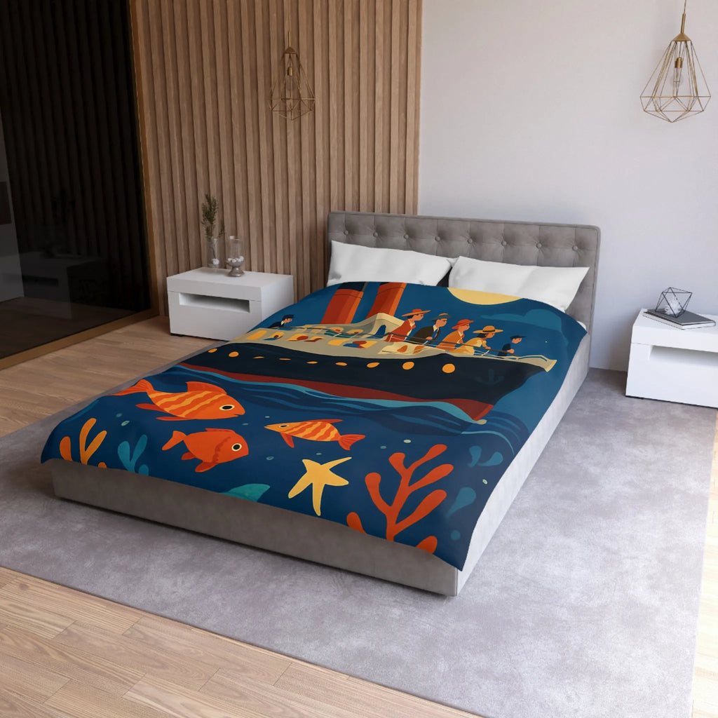 Housse de couette bateau rétro, poissons colorés, ambiance marine, nuit étoilée
