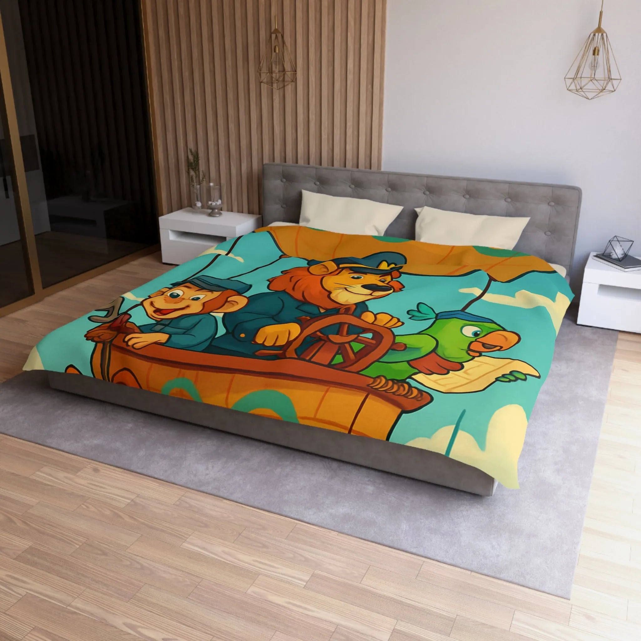 Housse de couette enfant avec montgolfière lion, singe, perroquet colorée et joyeuse