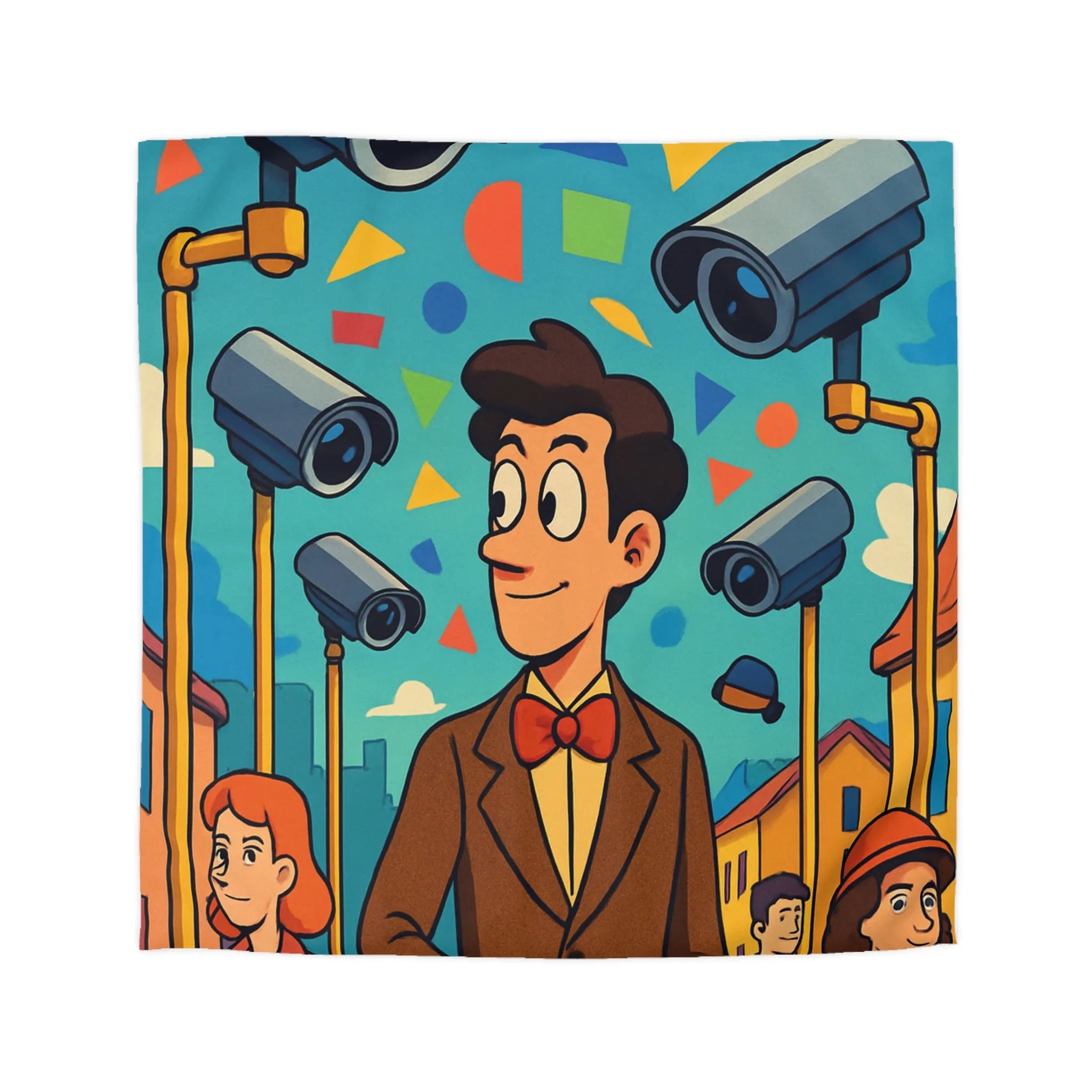 Housse de couette colorée avec motifs géométriques et personnages sous caméras de surveillance