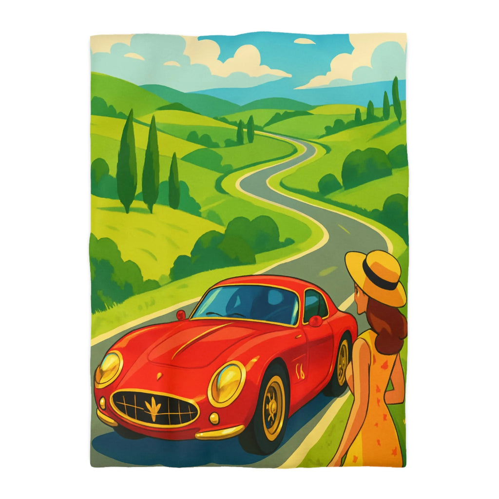Housse de Couette Colorée avec Paysage Champêtre, Route Sinueuse et Voiture Rouge