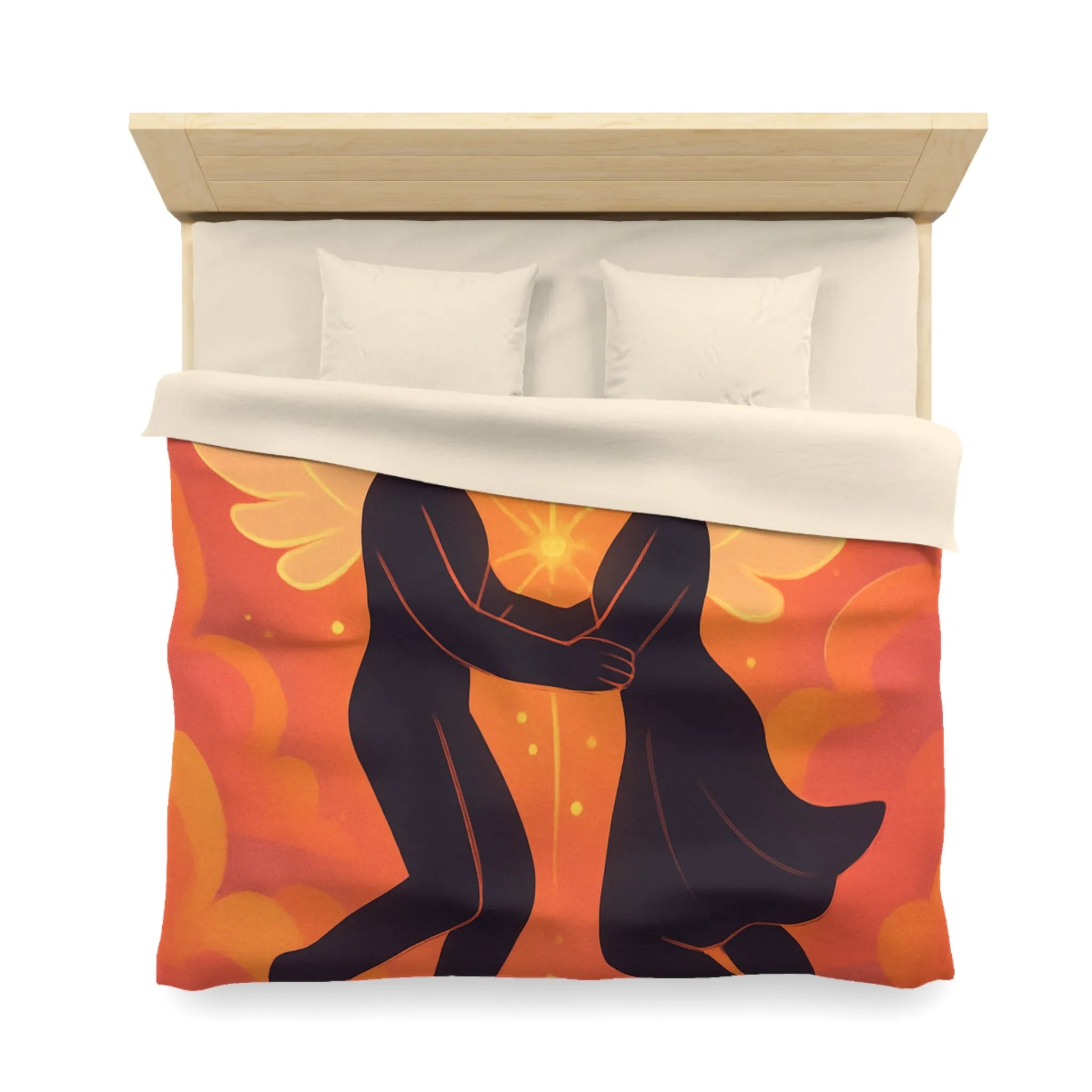 Housse de couette avec anges amoureux flottant dans nuages orangés dorés au crépuscule