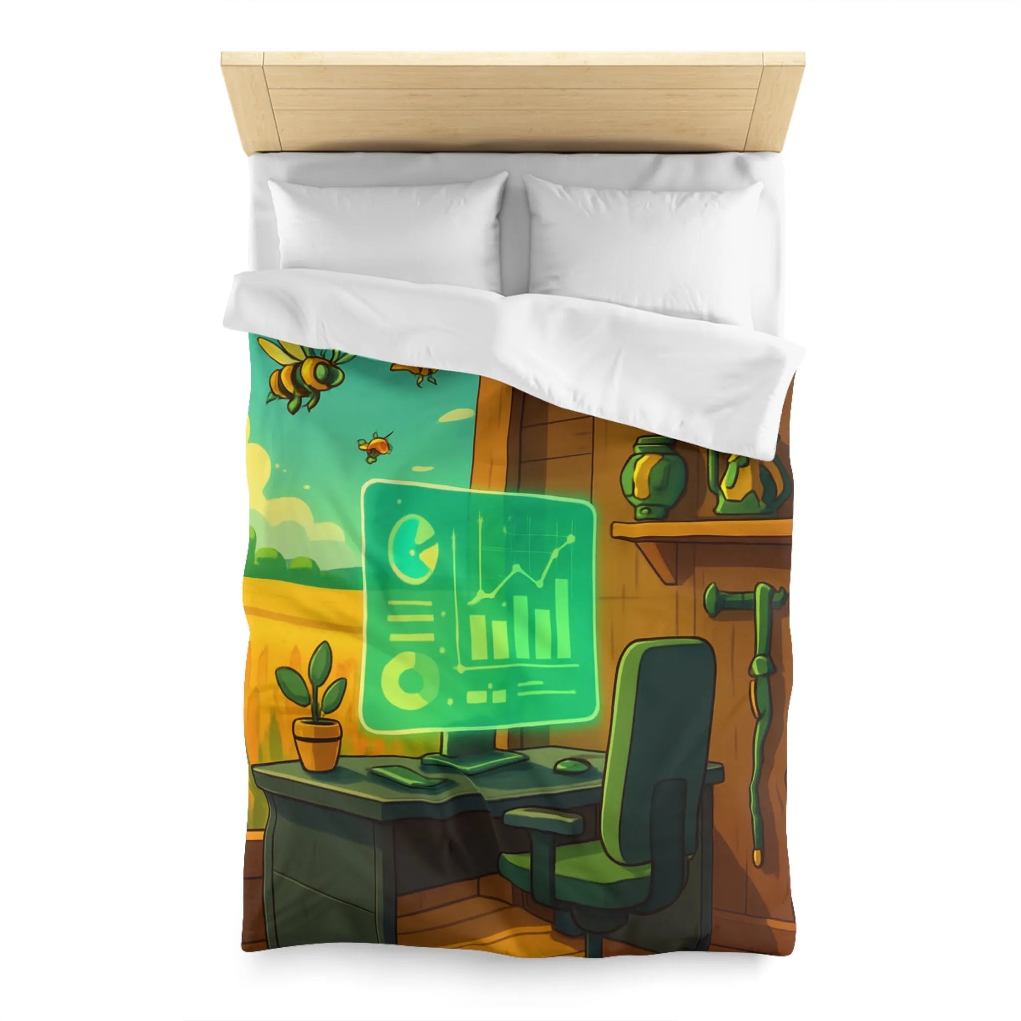 Housse de couette avec design moderne d'abeilles et station de travail futuriste