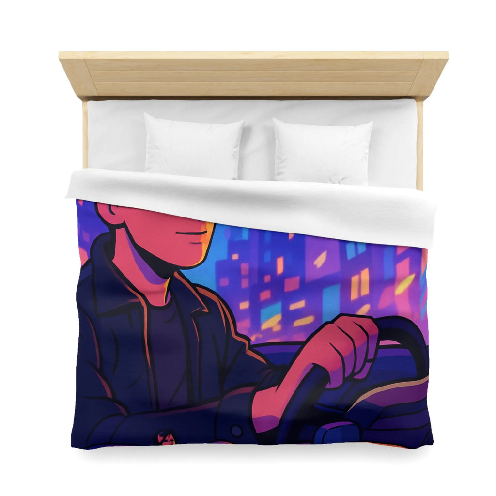 Housse de couette avec illustration rétro taxi urbain style néon pour chambre moderne