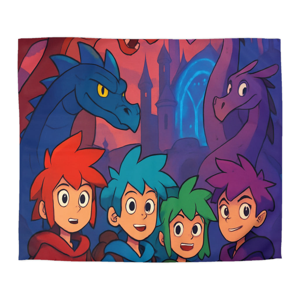 Quatre aventuriers et dragons devant château fantastique, parfait pour chambre d'enfant magique