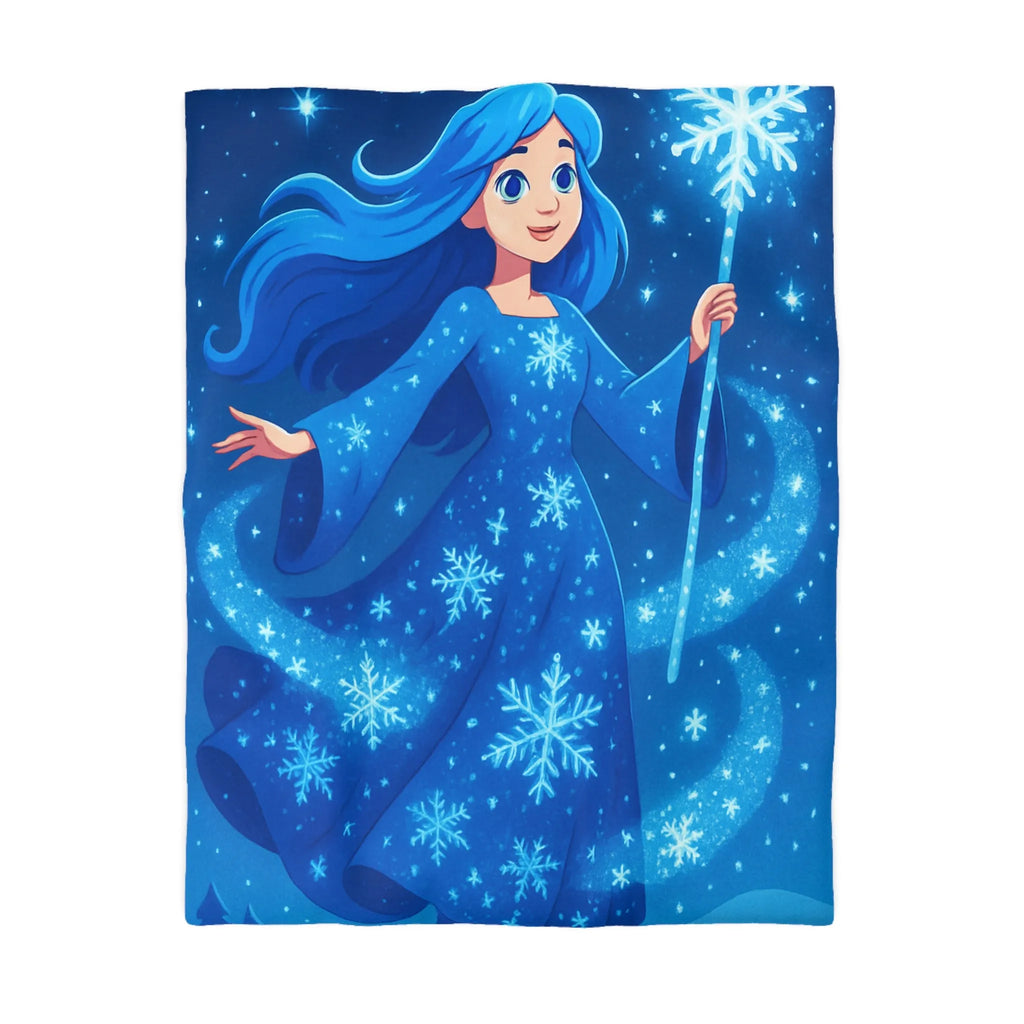 Housse de couette enfantine bleue avec fée magique dans ciel étoilé hivernal