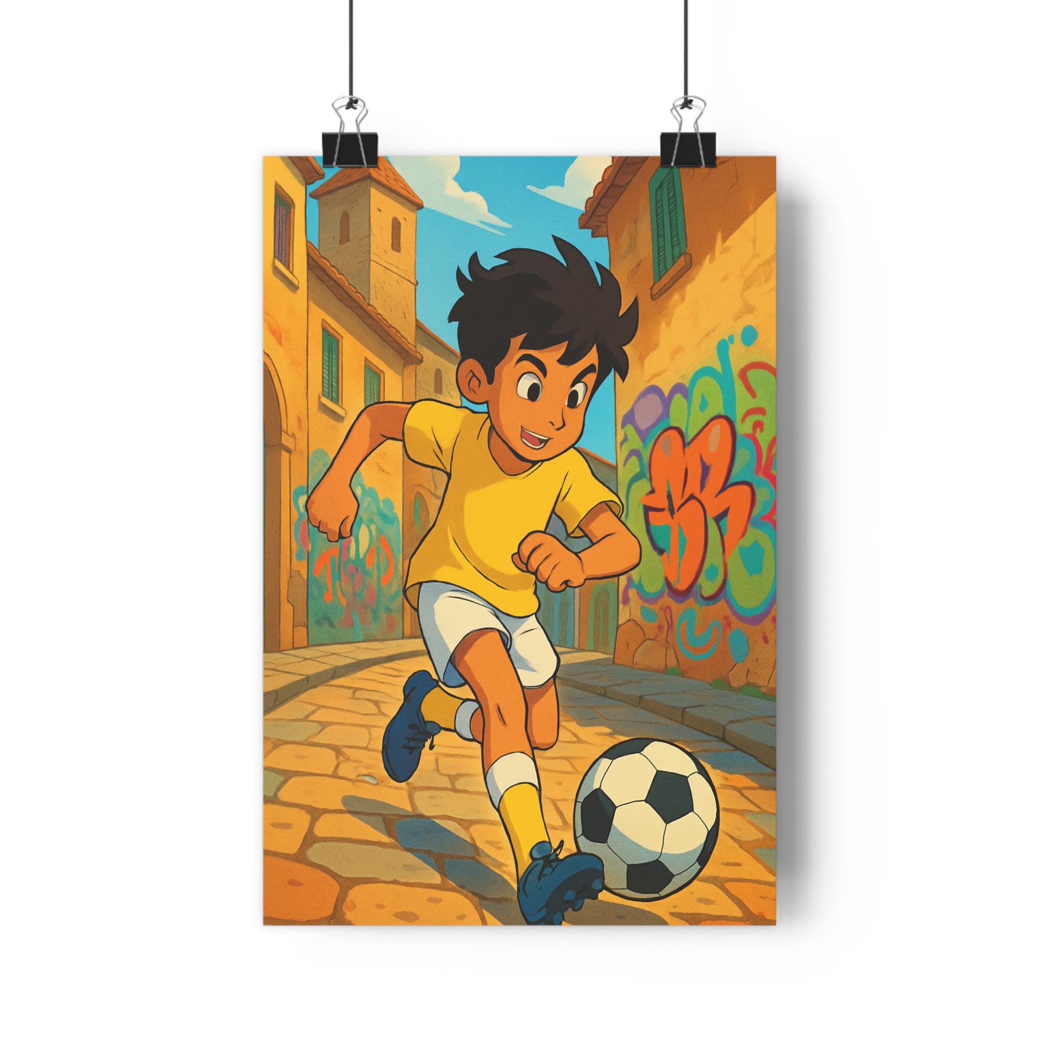 Poster décoratif enfant jaune bleu football urbain vibrant salon chambre joyeux dynamique moderne coloré
