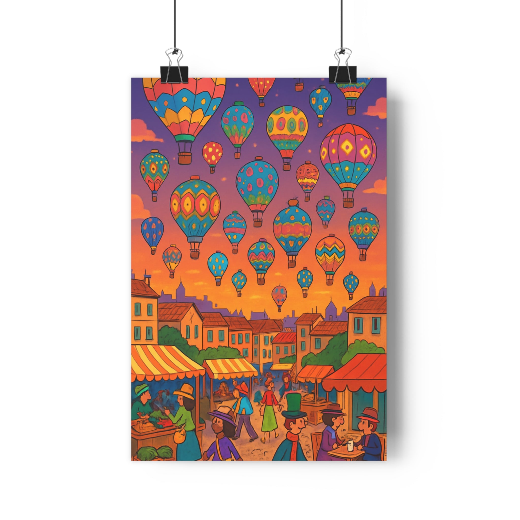 Poster décoratif coloré montgolfière orange violet rêveur fantaisie salon moderne lumineux qualité artistique ambiance