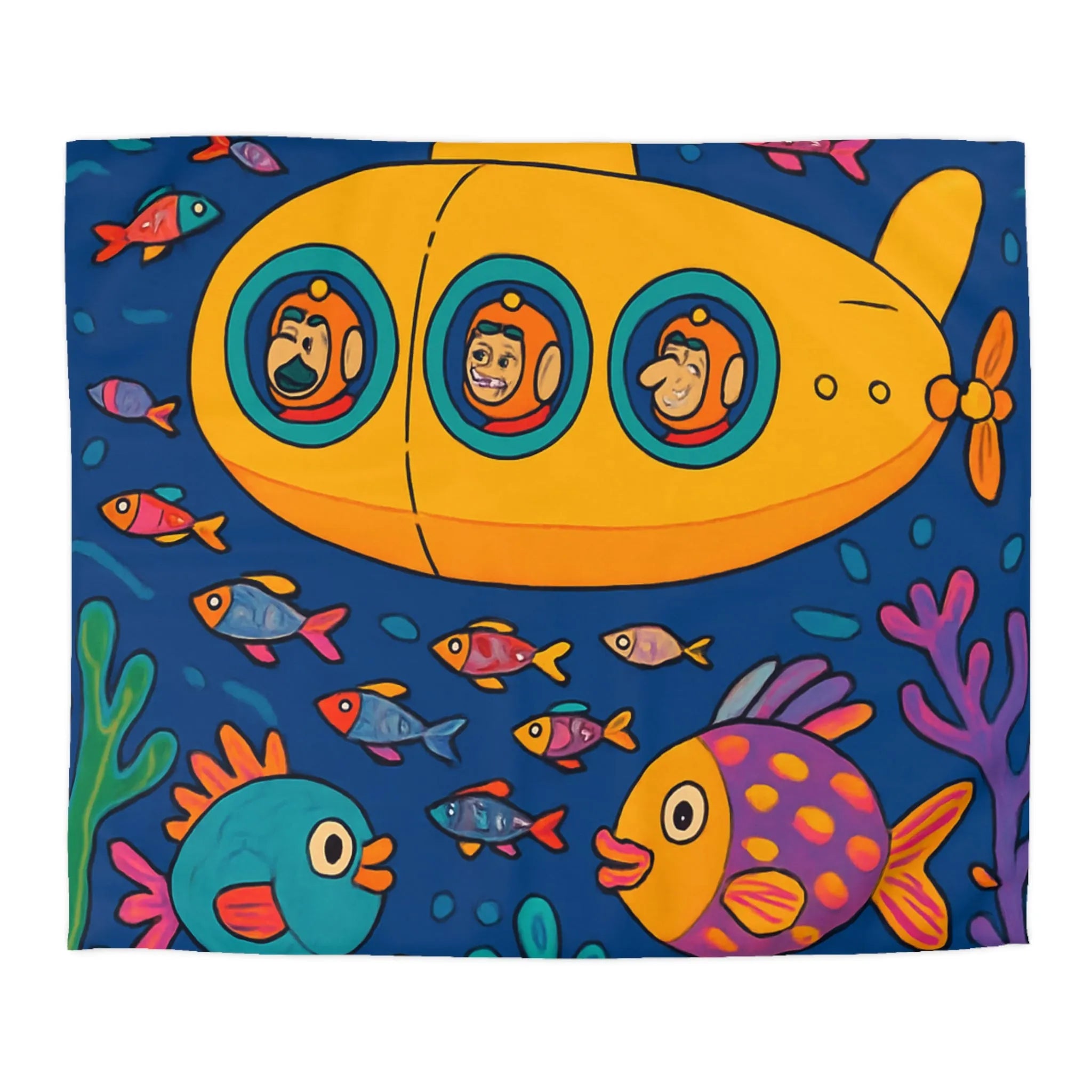 Housse De Couette Colorée Sous-Marine Avec Sous-Marin Jaune Et Poissons Amusants