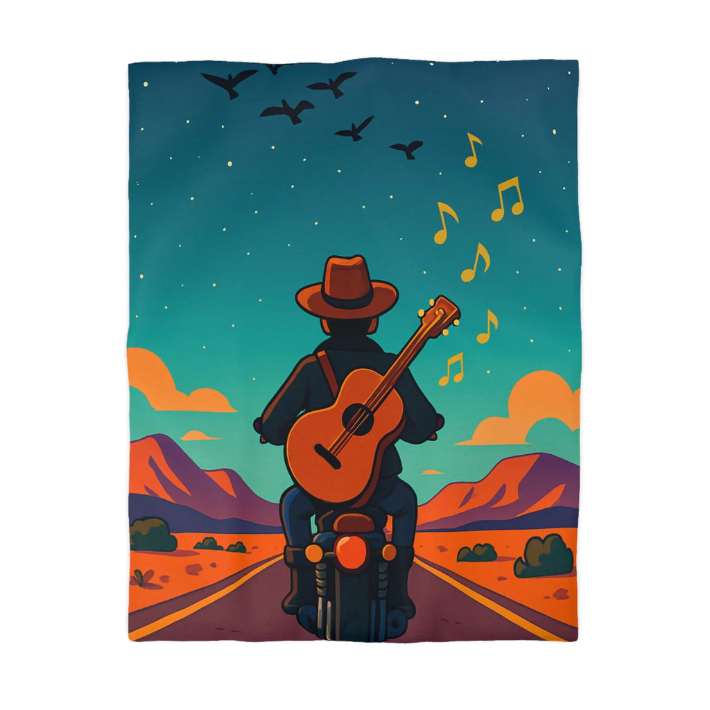 Housse de couette illustrée avec musicien en moto sous ciel étoilé et montagnes