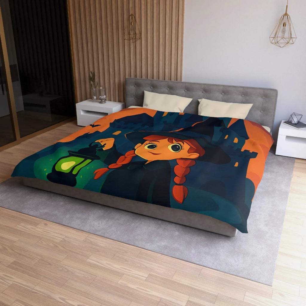 Housse de couette enfant avec sorcière, château, chauves-souris et chat noir