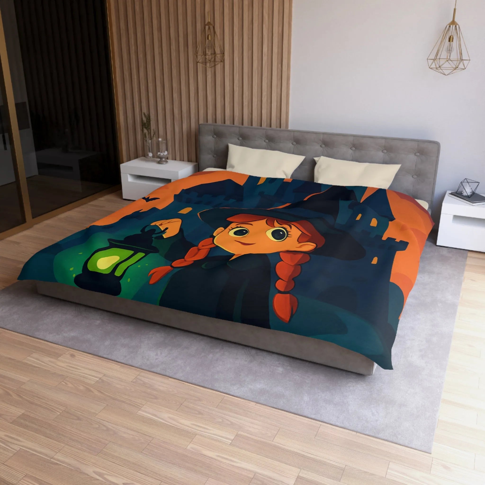 Housse de couette enfant avec sorcière, château, chauves-souris et chat noir