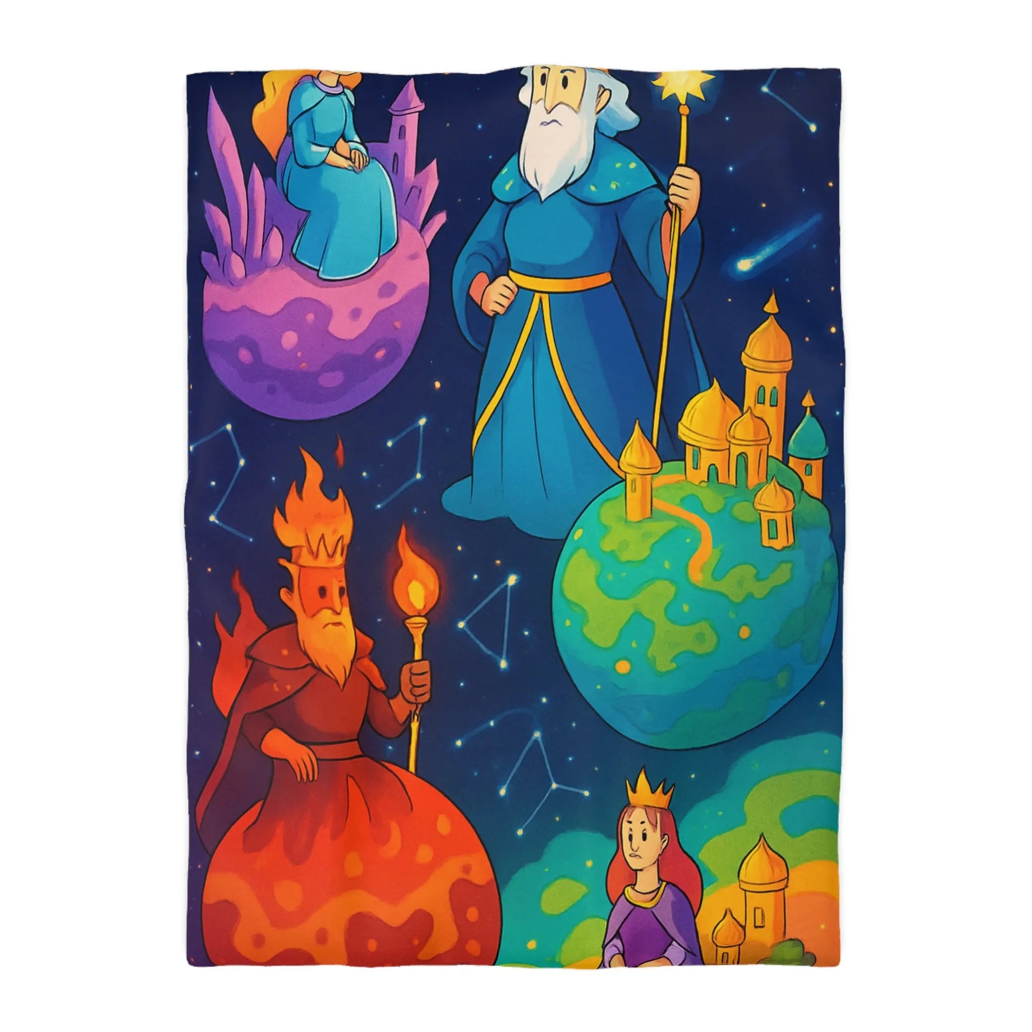 Housse de Couette Imaginaire avec Rois et Reines sur Planètes Mystiques Étoilées