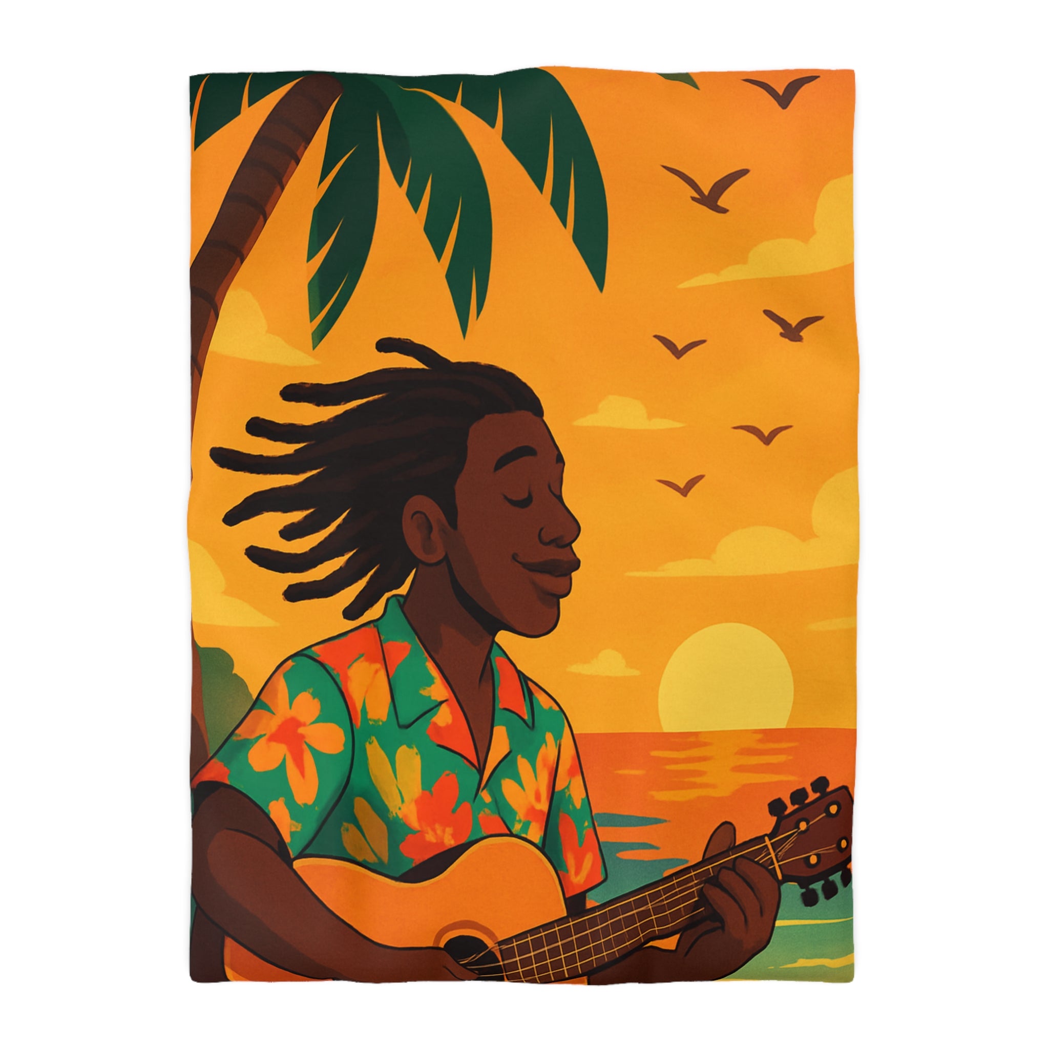 Housse de couette tropicale avec musique, coucher de soleil et palmiers exotiques pour chambre