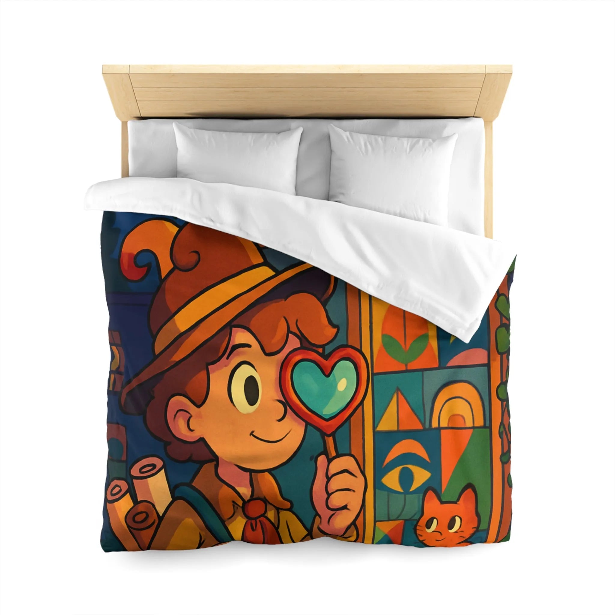 Housse de couette enfant magique avec chat mignon et motifs géométriques colorés