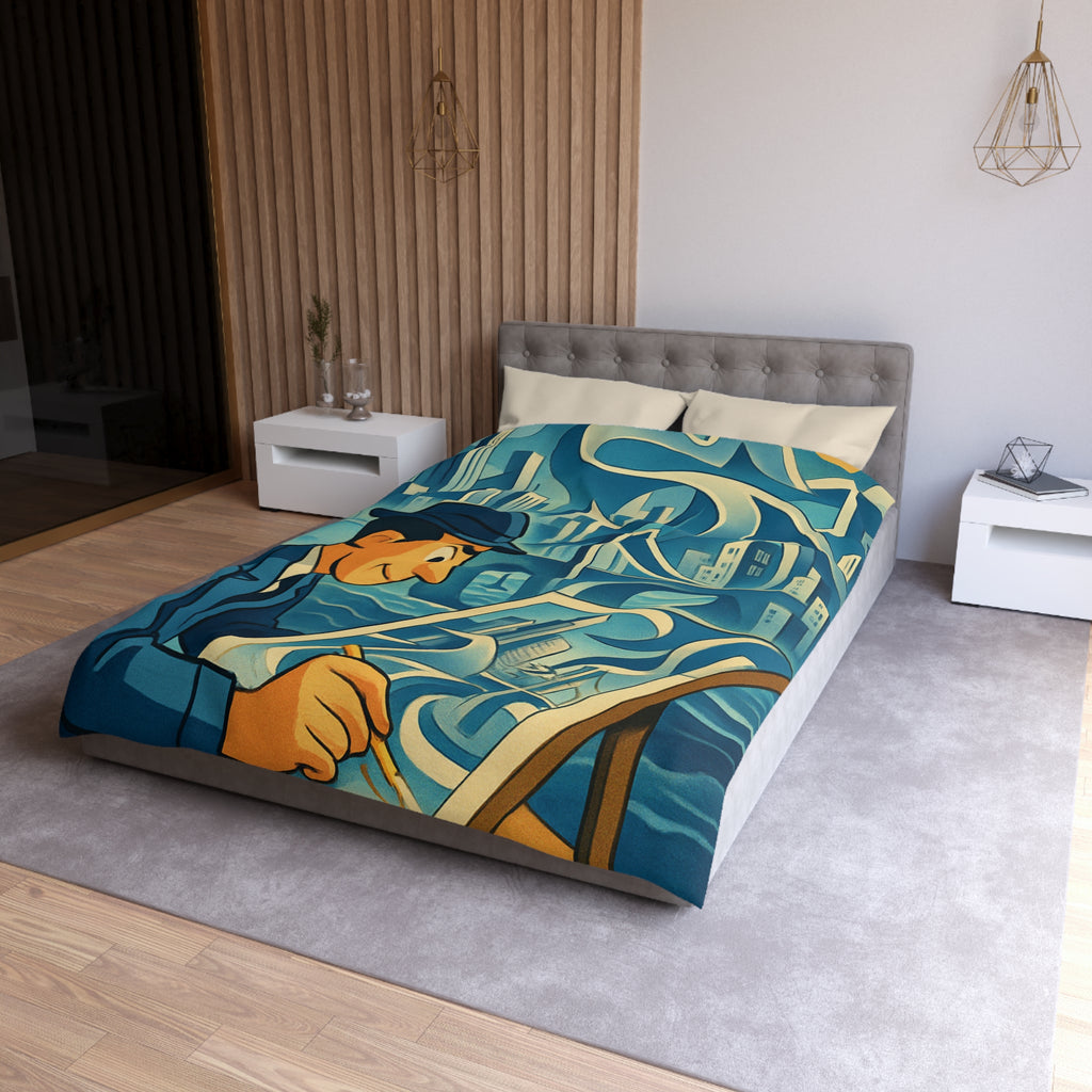 Motifs artistiques urbains bleus et jaunes pour une housse de couette moderne et stylée