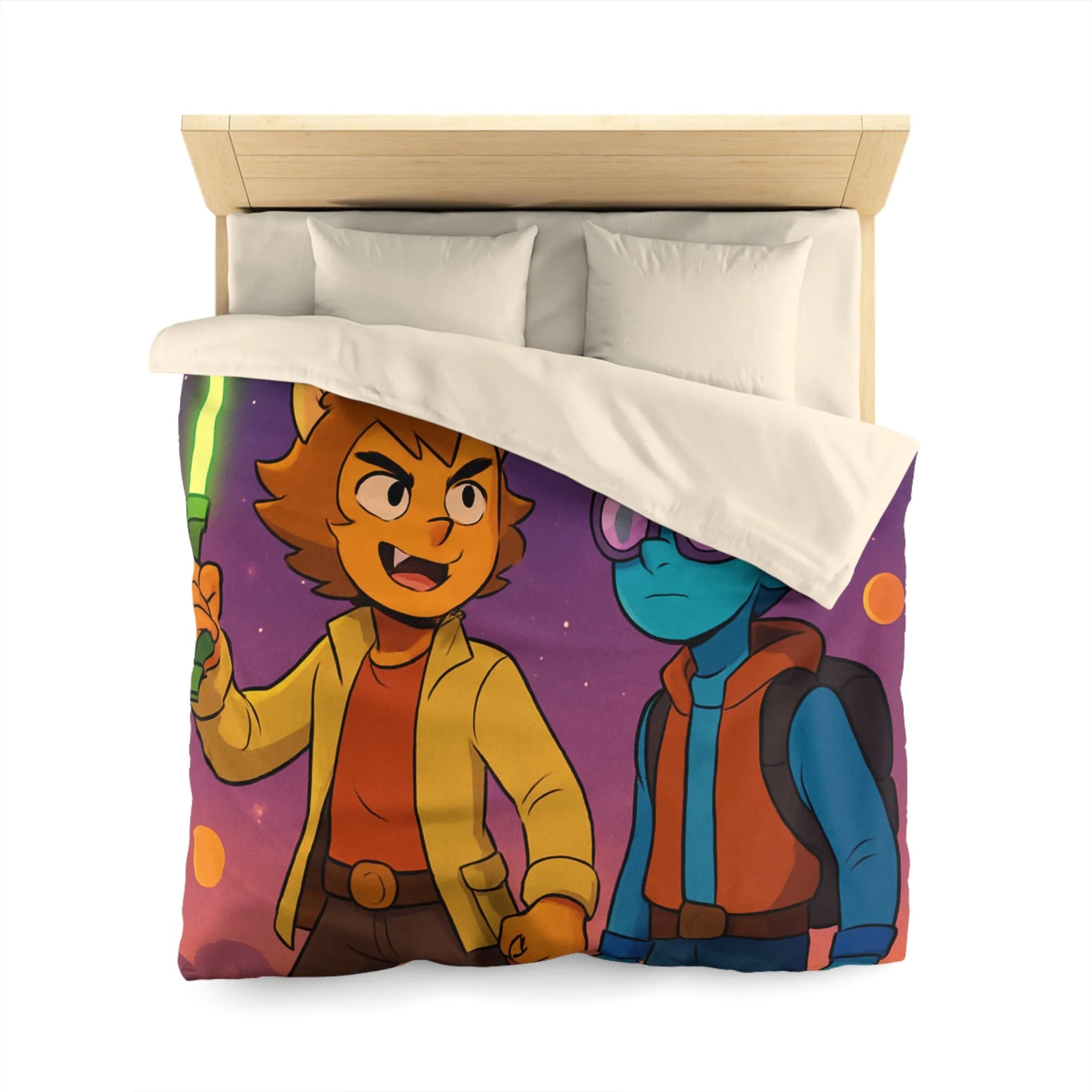 Housse de couette avec deux personnages dans l'espace, ambiance rétro futuriste colorée