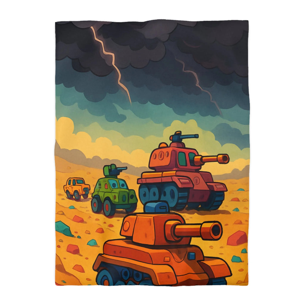 Housse de couette avec tanks colorés sur fond orageux pour chambre enfant unique