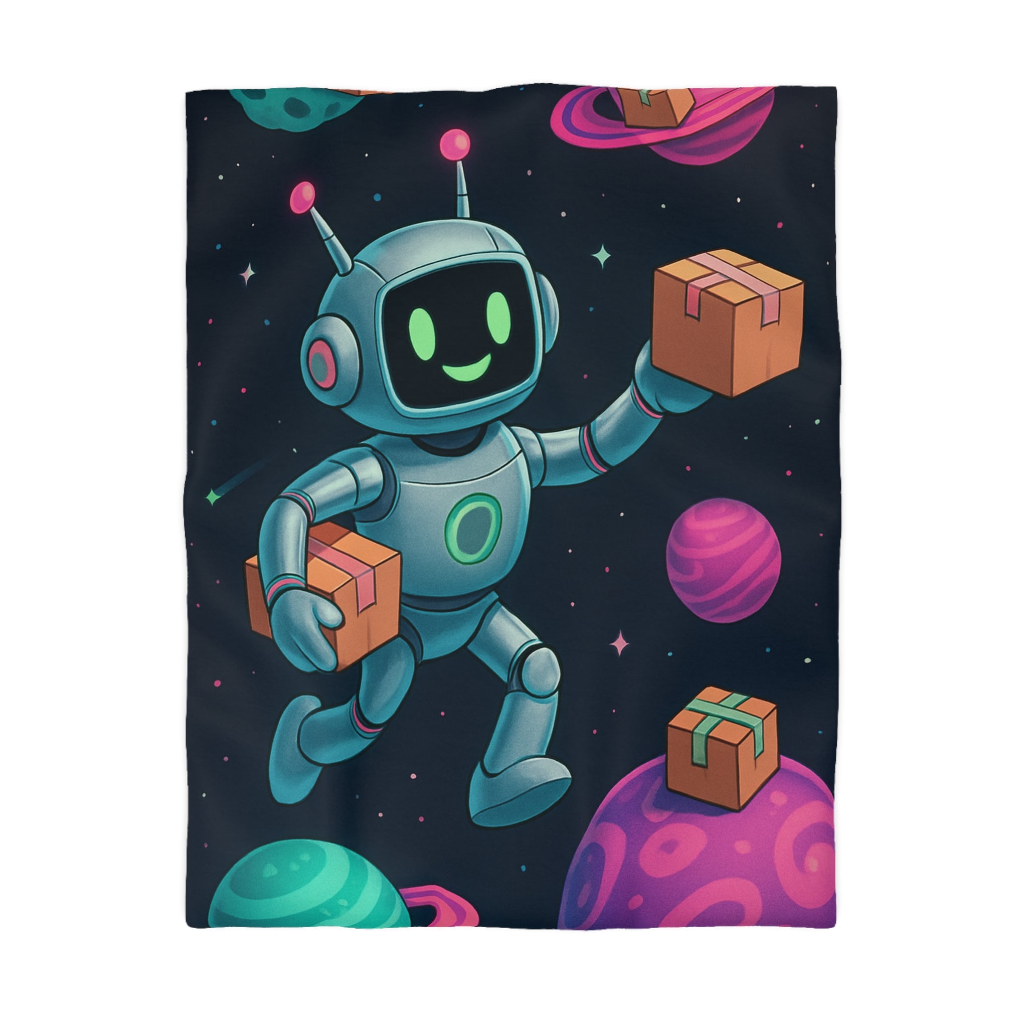 Housse de Couette Spatiale avec Robot Jovial et Planètes Colorées pour Enfants