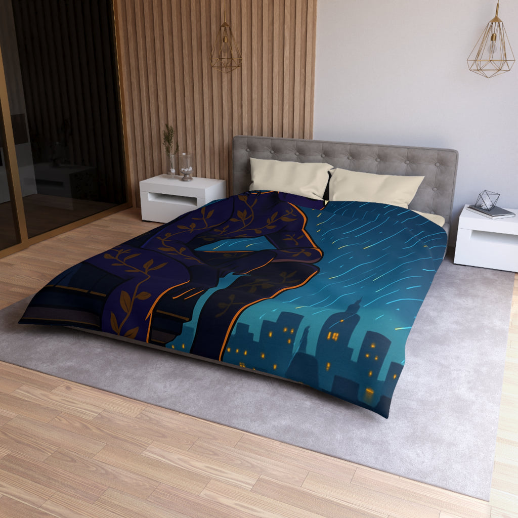 Housse de couette violette avec super-héros mystérieux sous la pluie nocturne colorée