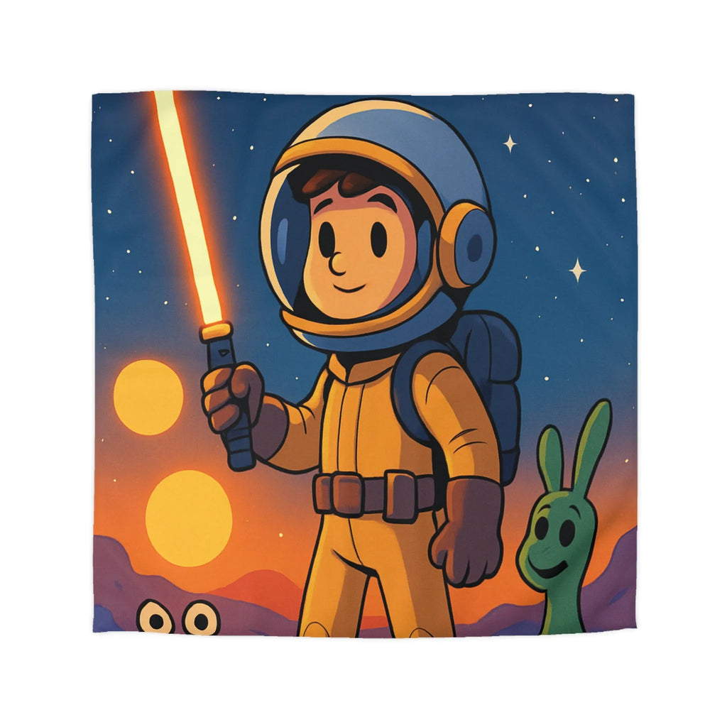 Adorable Espace: Astronaute Enfant Avec Épée Lumineuse Et Créatures Amusantes Sur Une Planet