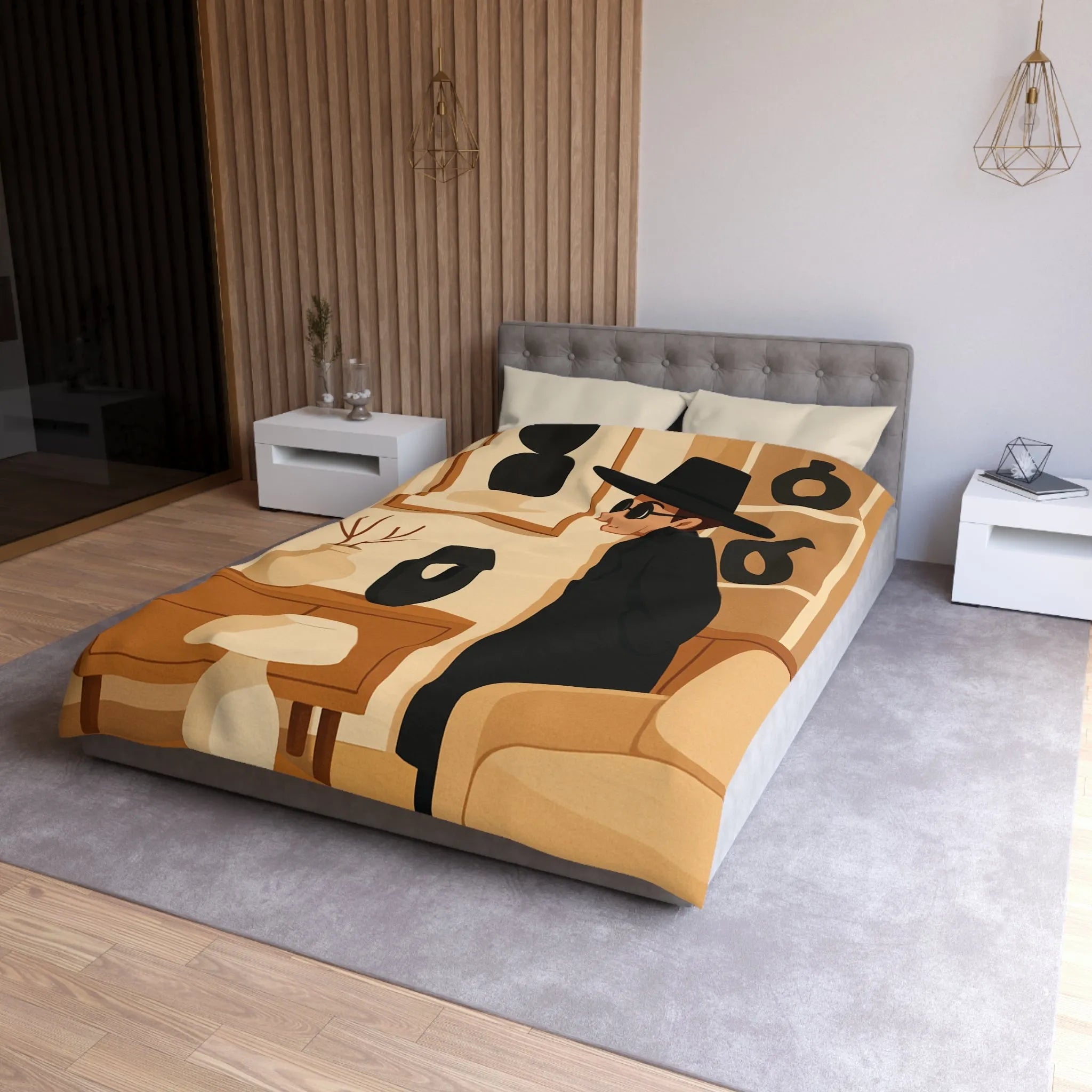 Élégant homme en noir dans salon moderne minimaliste aux accents artistiques abstraits