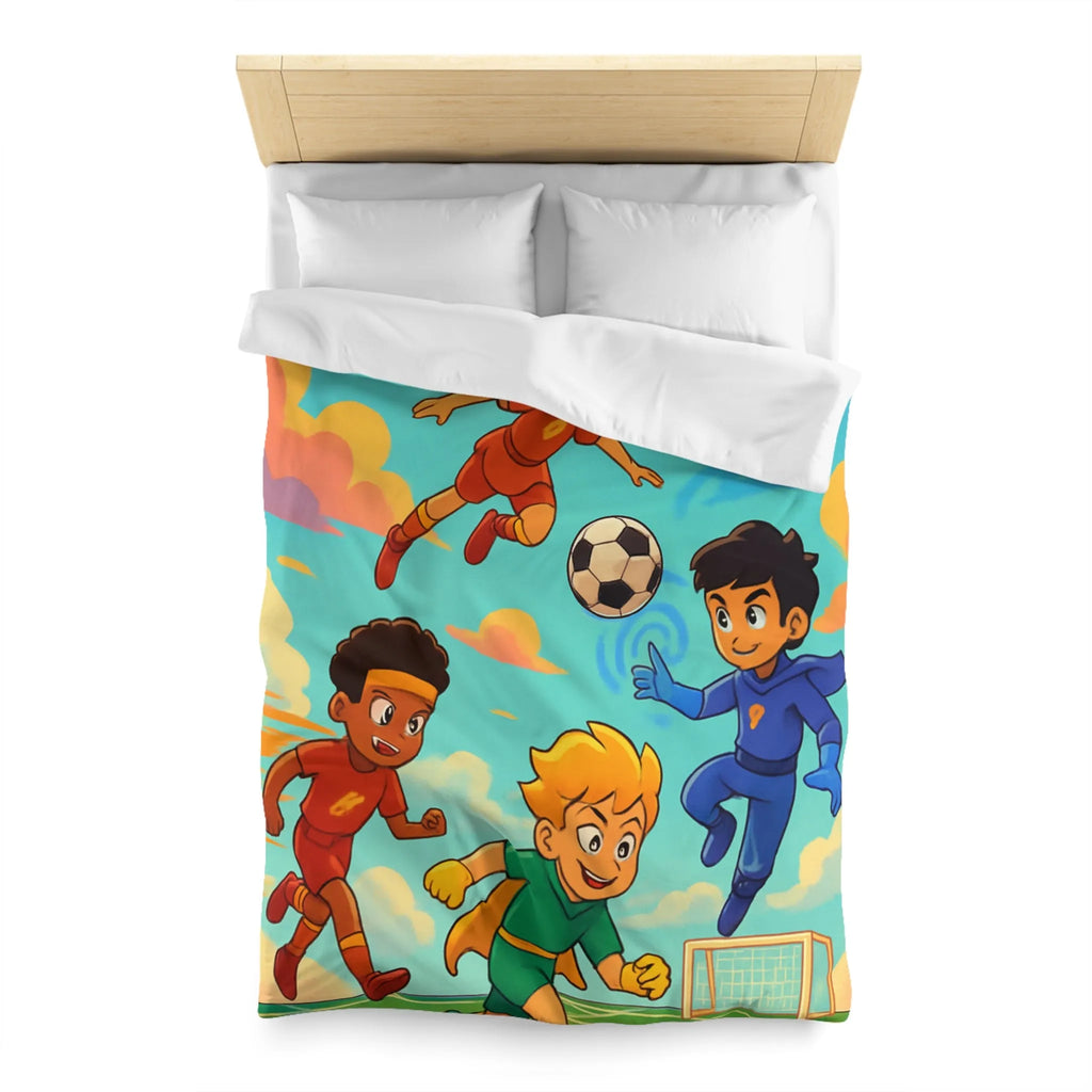 Housse de couette colorée avec enfants jouant au football dans un style cartoon céleste