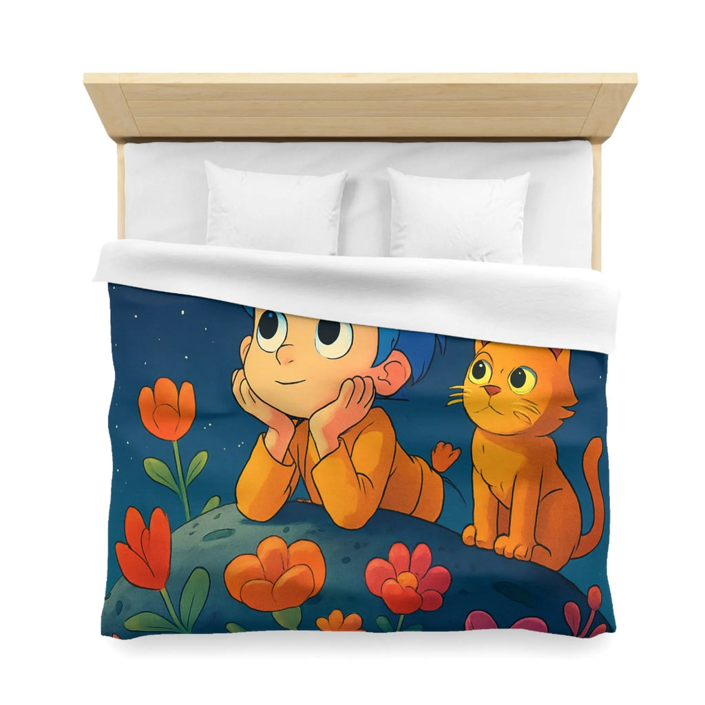 Housse de Couette Enfant Émerveillé Observant Papillons Lumineux sous Ciel Étoilé