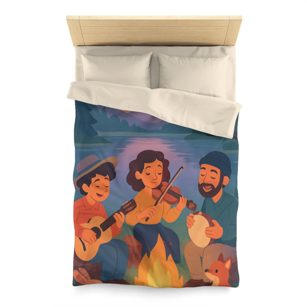 Housse de Couette avec Musiciens et Animaux Près du Feu de Camp au Crépuscule