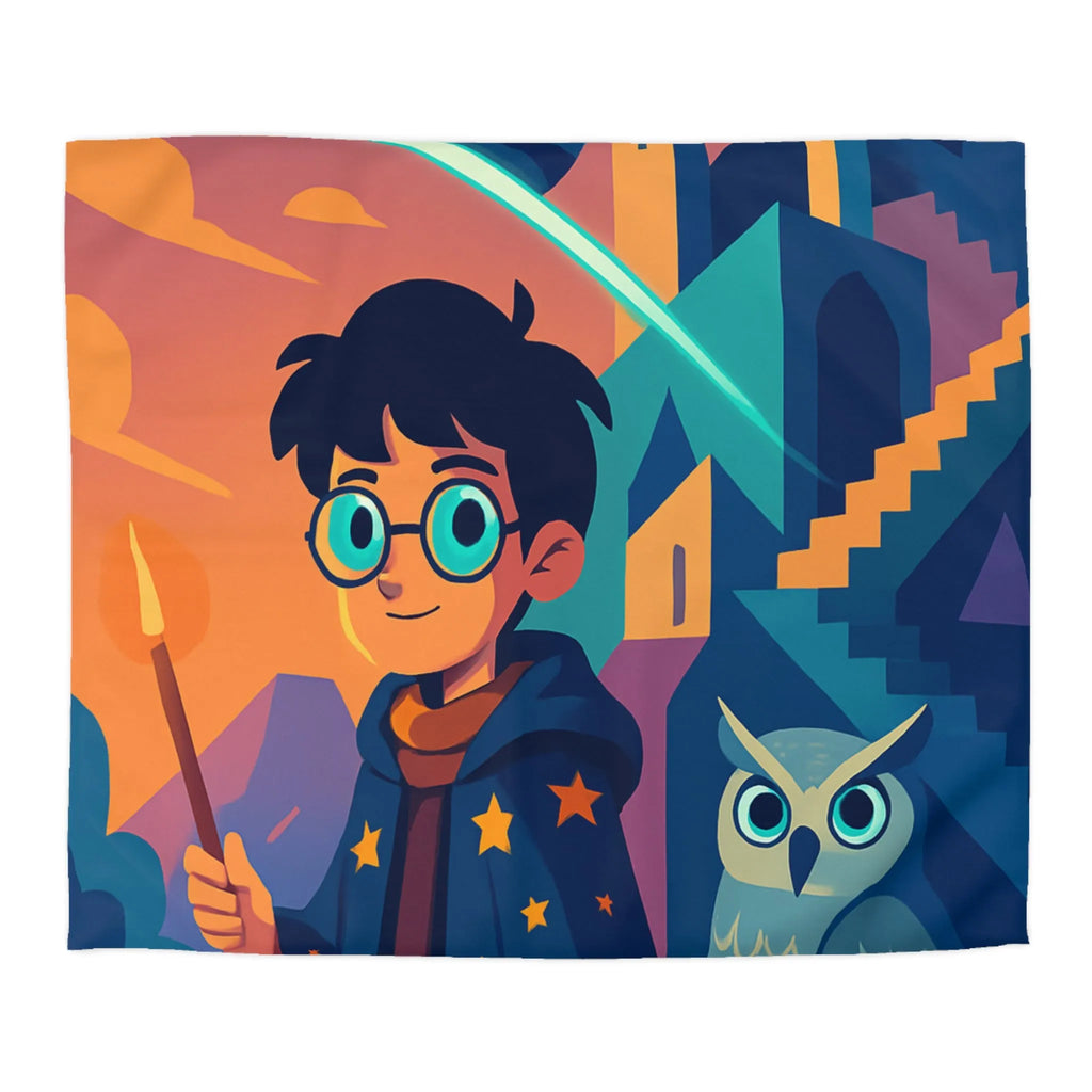 Housse de couette magique avec motif de garçon sorcier et hibou lumineux