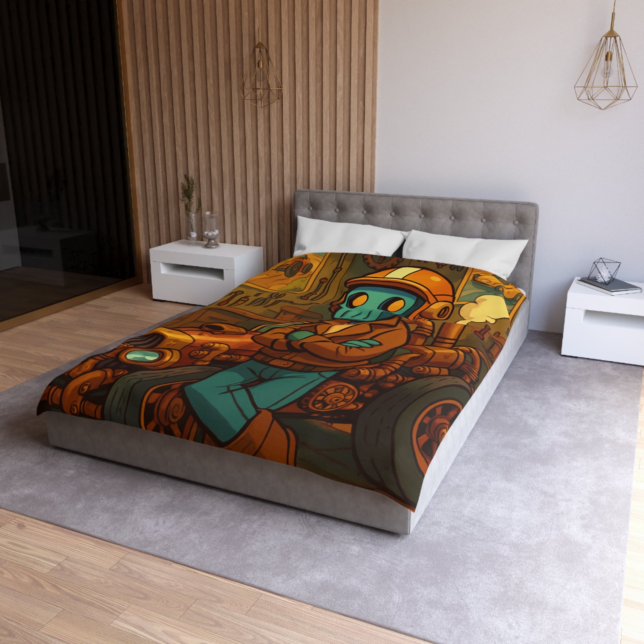 Housse de couette rétro steampunk avec voiture vintage et robot dans un atelier