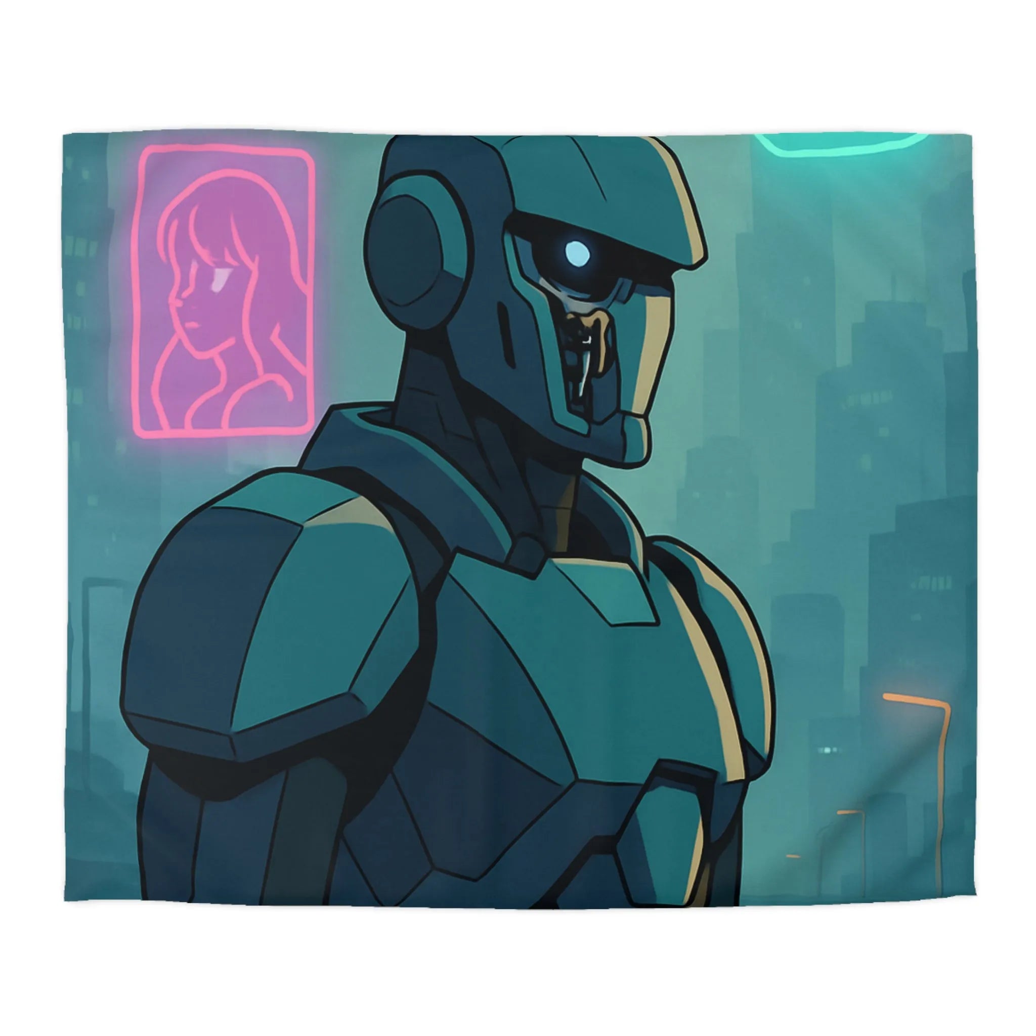 Futuristic Dystopian Cityscape with Neon Lights and Robotic Figure for Bedding Decor