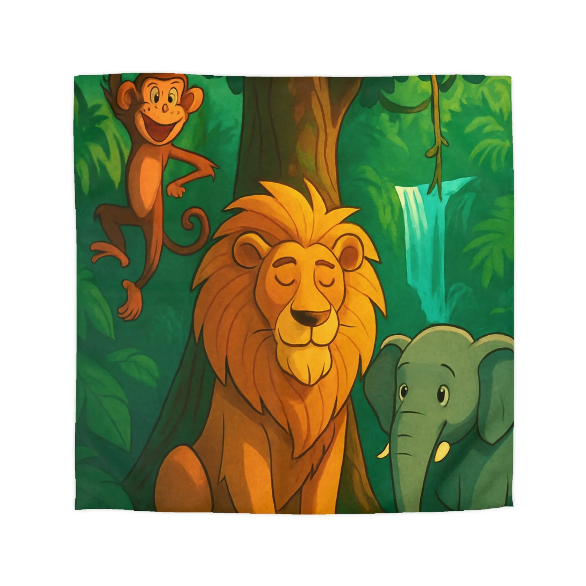 Housse de Couette Jungle Enchantée avec Lion, Singe, Éléphant et Chute d’Eau Magique